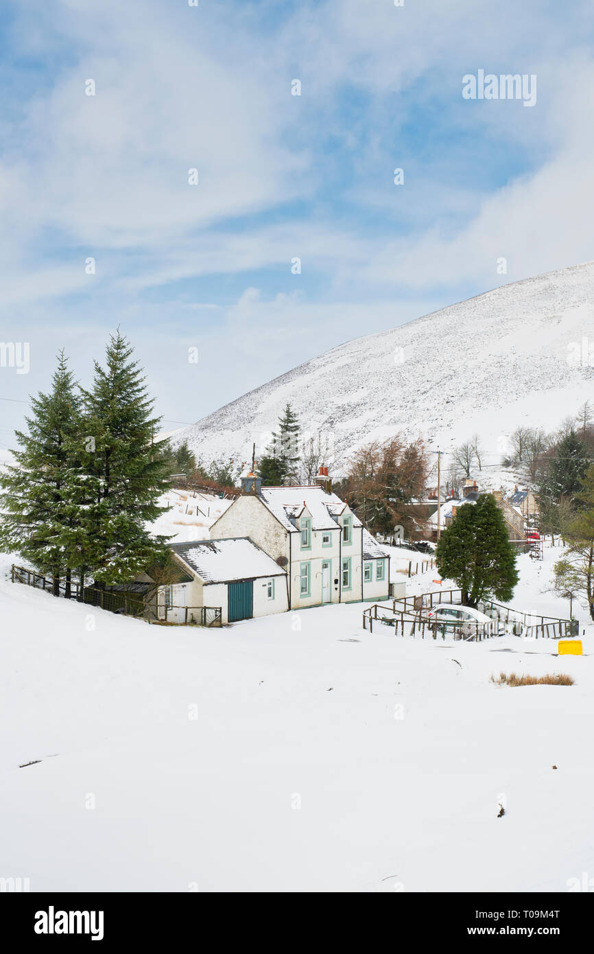 Wanlockhead Dorf am frühen Morgen Schnee. Scotlands höchste Dorf. Dumfries und Galloway, Scottish Borders, Schottland Stockfoto