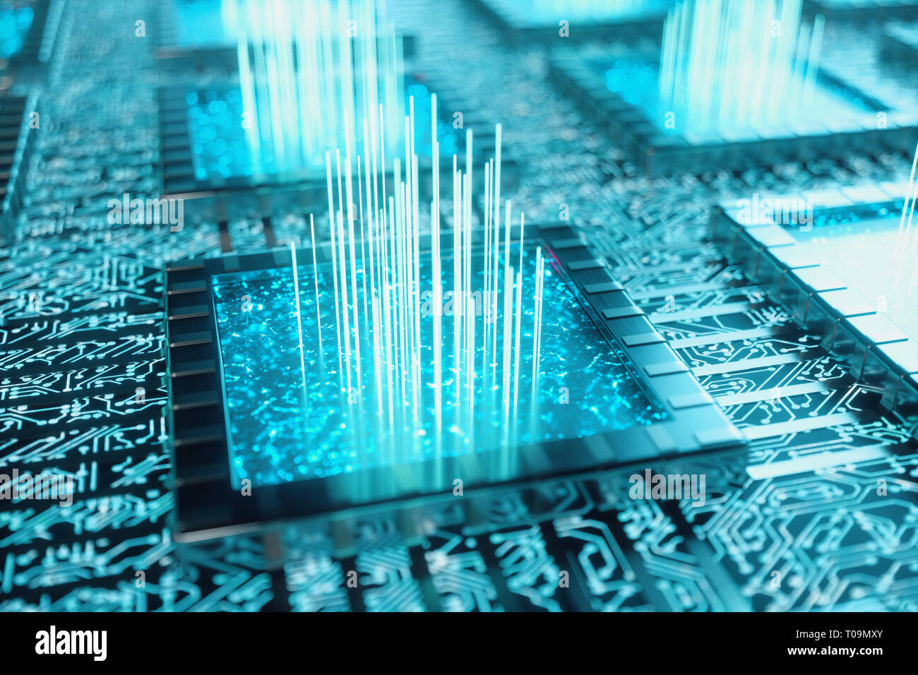 AI - künstliche Intelligenz Konzept. Maschinelles Lernen. Zentralen Computer Prozessoren auf der Platine mit den leuchtenden Spuren. Codierte Daten. Computer Stockfoto