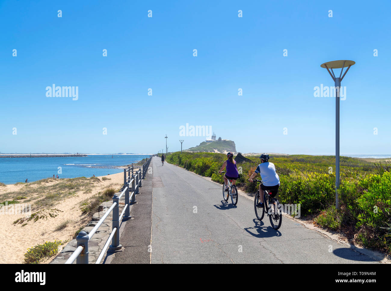 Newcastle, Australien. Radfahrer auf dem Weg zur Nobbys Head und Nobbys Head Lighthouse, Nobbys Beach, Newcastle, New South Wales, Australien Stockfoto