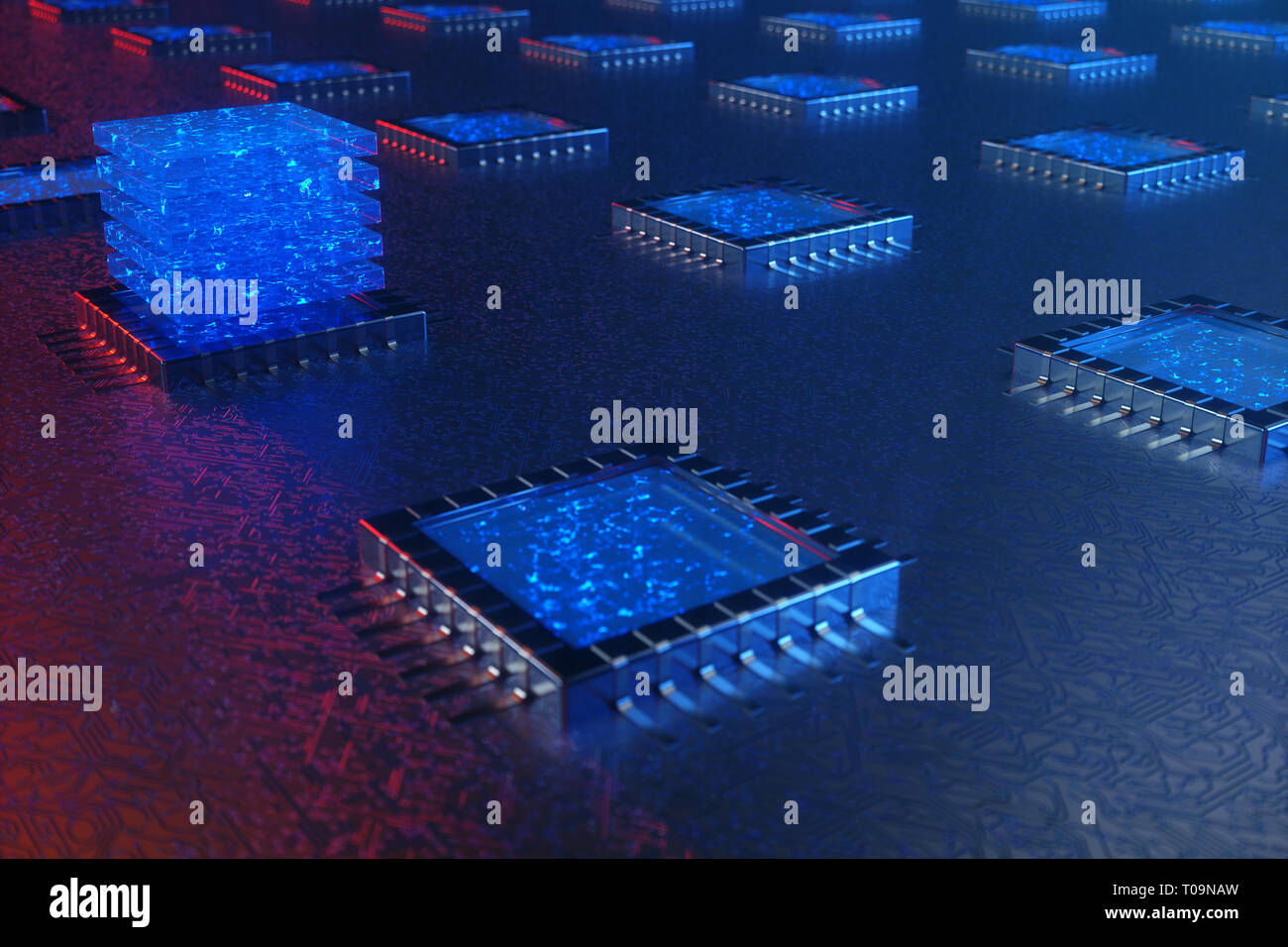 AI - künstliche Intelligenz Konzept. Maschinelles Lernen. Zentralen Computer Prozessoren auf der Platine mit den leuchtenden Spuren. Codierte Daten. Computer Stockfoto