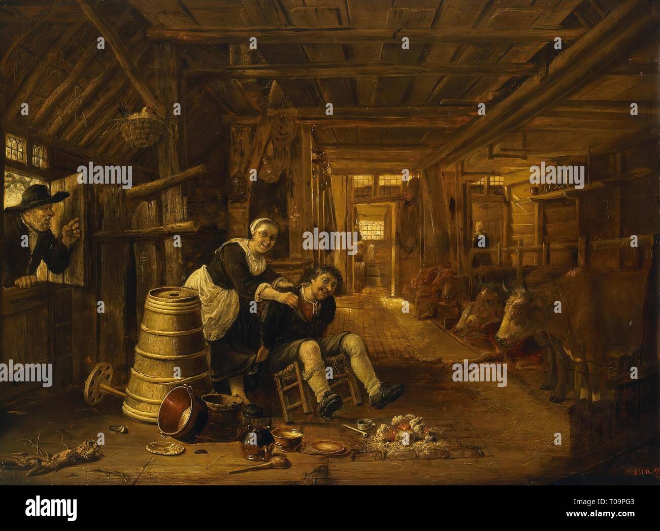 "Szene in einem Kuhstall". Holland, 1648. Abmessungen: 47 x 62 cm. Museum: Staatliche Eremitage, St. Petersburg. Autor: Thomas Niemann Dircksz Camphuysen. Stockfoto