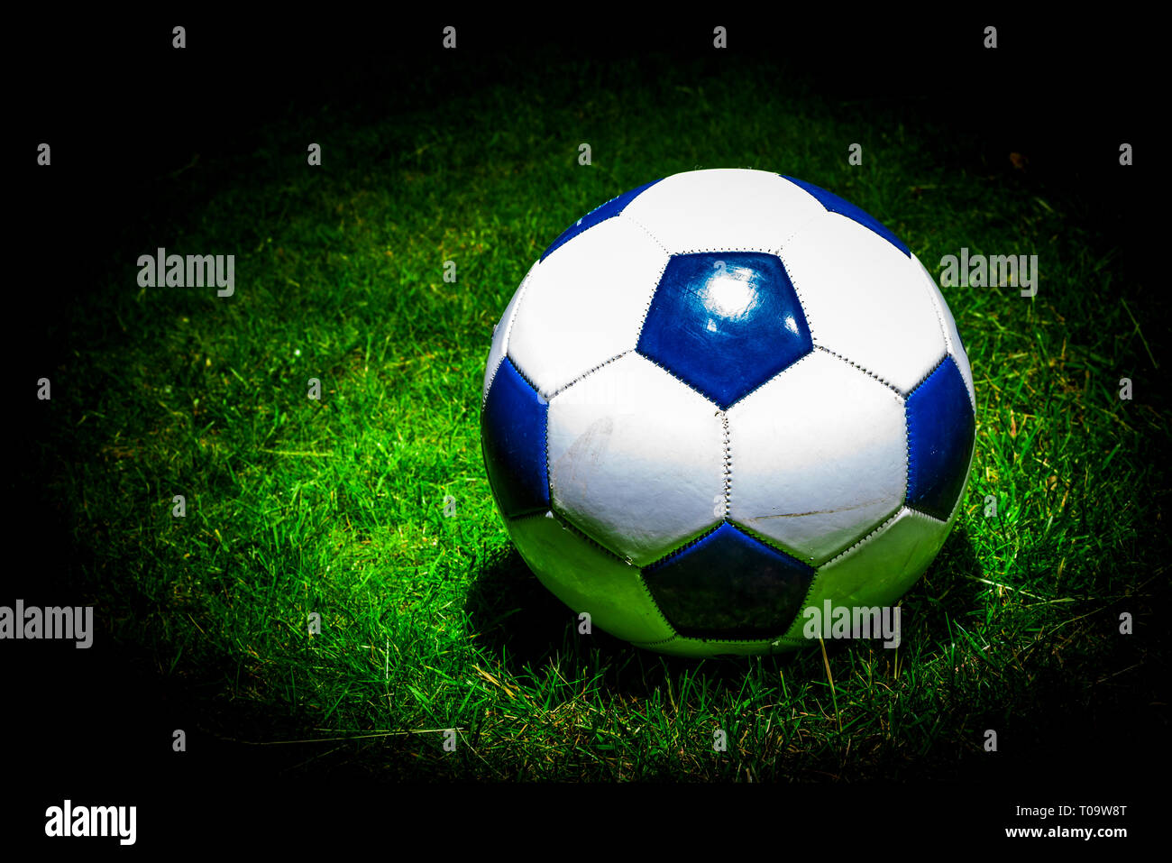 Soccerball Verlegung auf dem Rasen im Rampenlicht Stockfoto