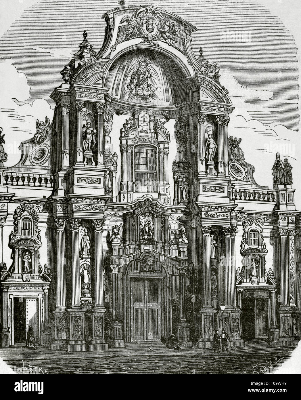 Spanien. Murcia. Kathedrale. Hauptfassade, Barock, 1737-1754. Zeichnung von Letre. Kupferstich von capuz. Cronica de España, Historia y Ilustrada Descriptiva de Sus Provincias. Murcia, 1870. Stockfoto