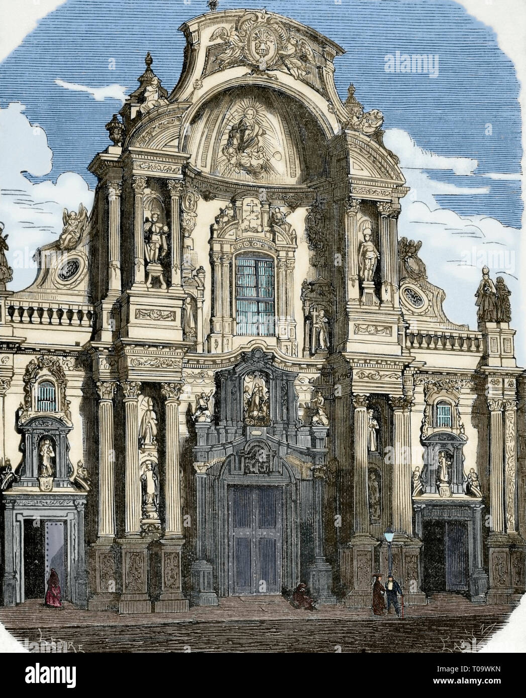 Spanien. Murcia. Kathedrale. Hauptfassade, Barock, 1737-1754. Zeichnung von Letre. Kupferstich von capuz. Später Färbung. Cronica de España, Historia y Ilustrada Descriptiva de Sus Provincias. Murcia, 1870. Stockfoto