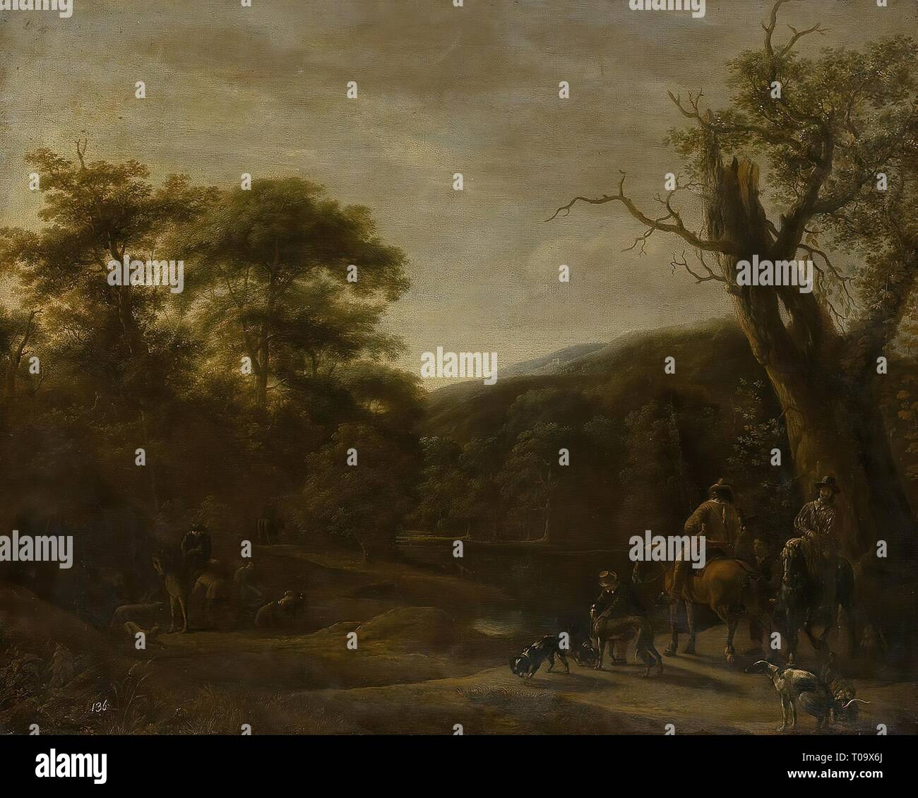"Wald Landschaft mit Jägern". Holland. Abmessungen: 62,5 x 77,5 cm. Museum: Staatliche Eremitage, St. Petersburg. Autor: Thomas Niemann Dircksz Camphuysen. Stockfoto