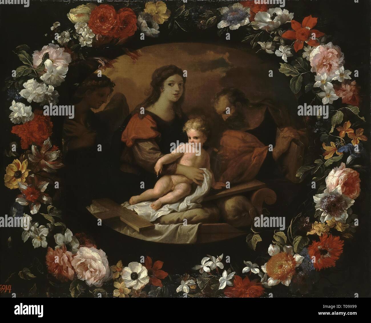 "Heilige Familie in einem Kranz von Blumen". Flandern, ca. 1636. Abmessungen: 84,5 x 66,5 cm. Museum: Staatliche Eremitage, St. Petersburg. Autor: Frans Ykens. Erasmus Quellinus II. Nicolas Pierre Loir. Jean-Baptiste Monnoyer (? ). Stockfoto