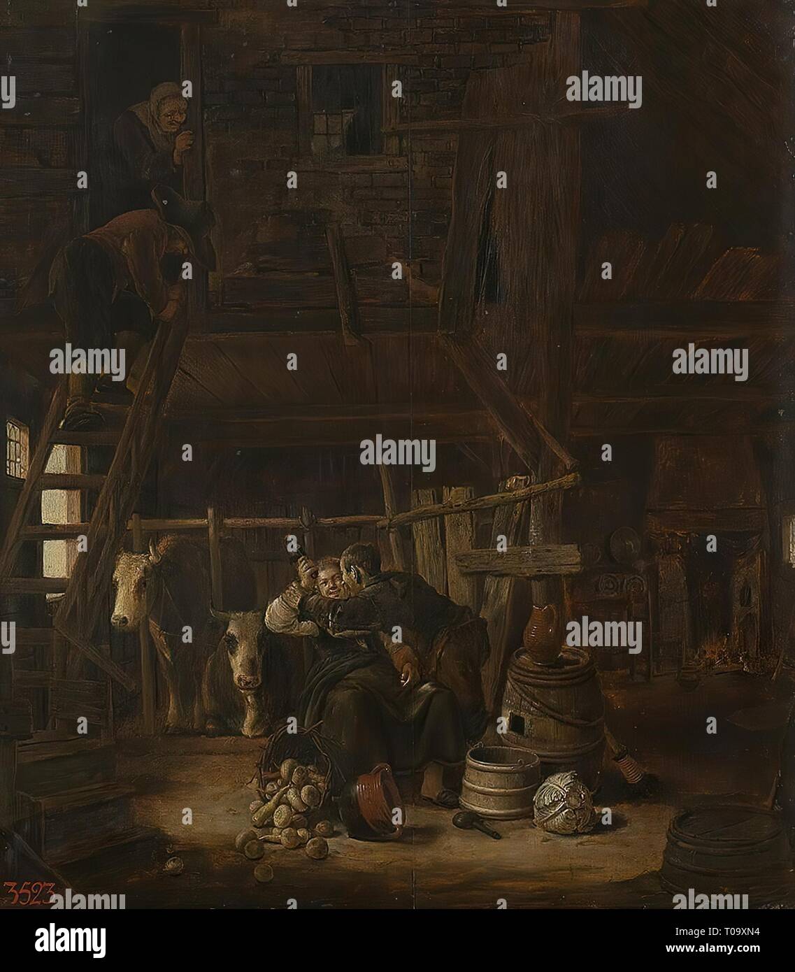 "Szene in einem Kuhstall". Holland, ca. 1650. Abmessungen: 62,5 x 55 cm. Museum: Staatliche Eremitage, St. Petersburg. Autor: Thomas Niemann Dircksz Camphuysen. Stockfoto
