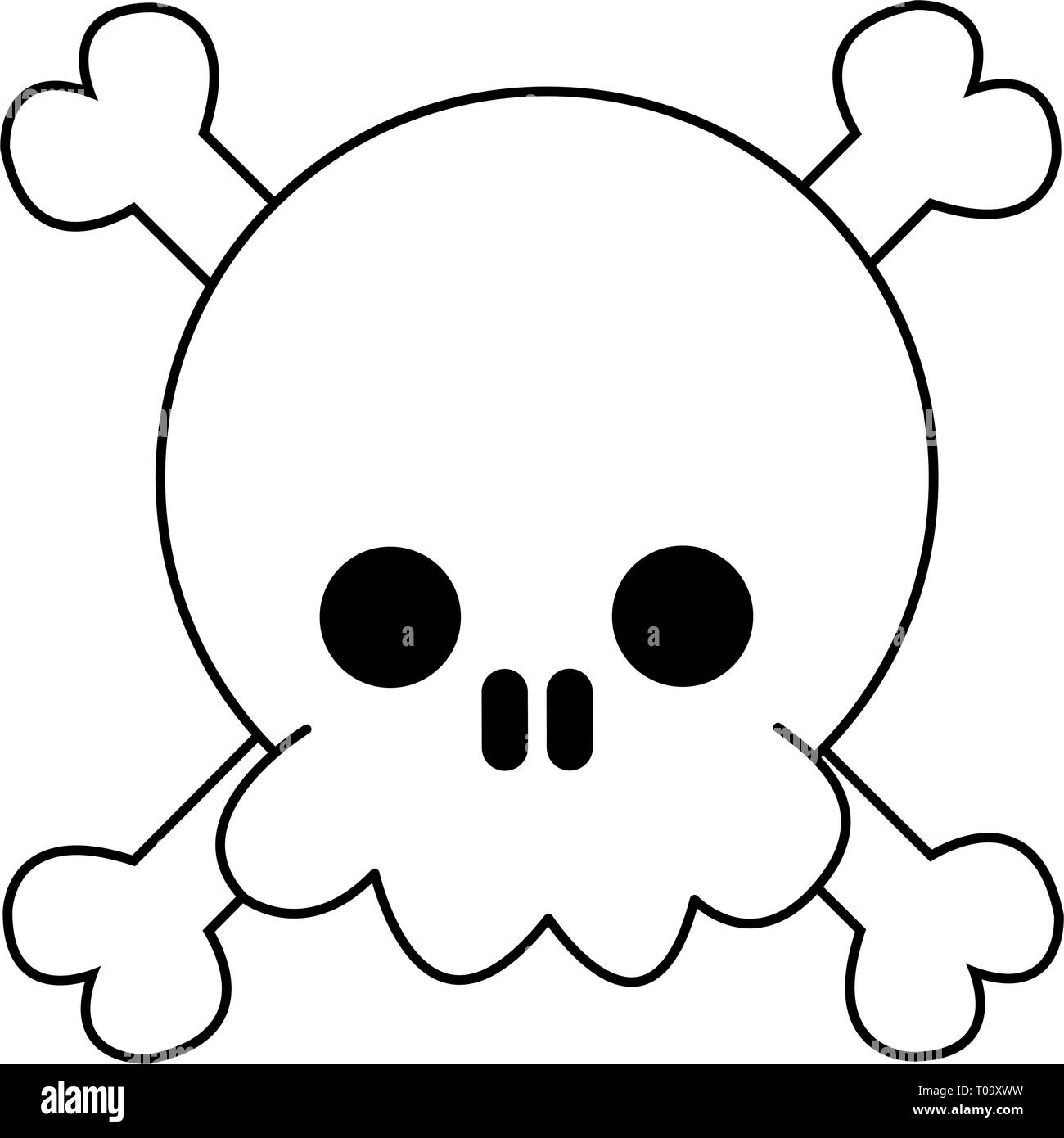 Totenkopf mit Knochen kawaii Karikatur in schwarz und weiß Stock Vektor