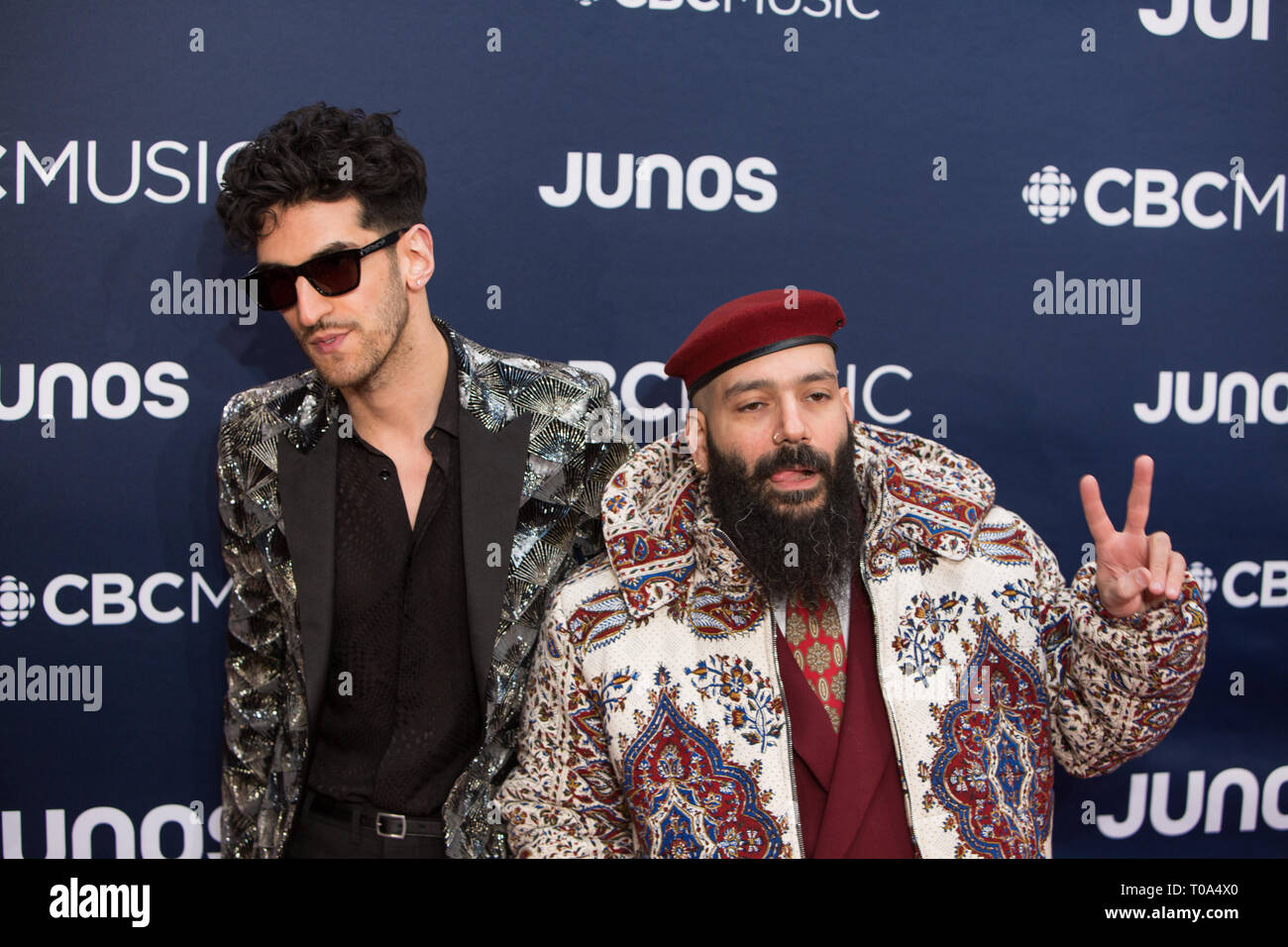 Budweiser Gardens, London, Ontario, Kanada. 17. Mär 2019. Chromeo (David 'Dave 1' Macklovitch, Links und Patrick 'P-Thugg' Gemayel) auf dem 2019 Juno Awards rote Teppich an Budweiser Gardens in London, Ontario, Kanada Kredit: topconcertphoto/Alamy leben Nachrichten Stockfoto