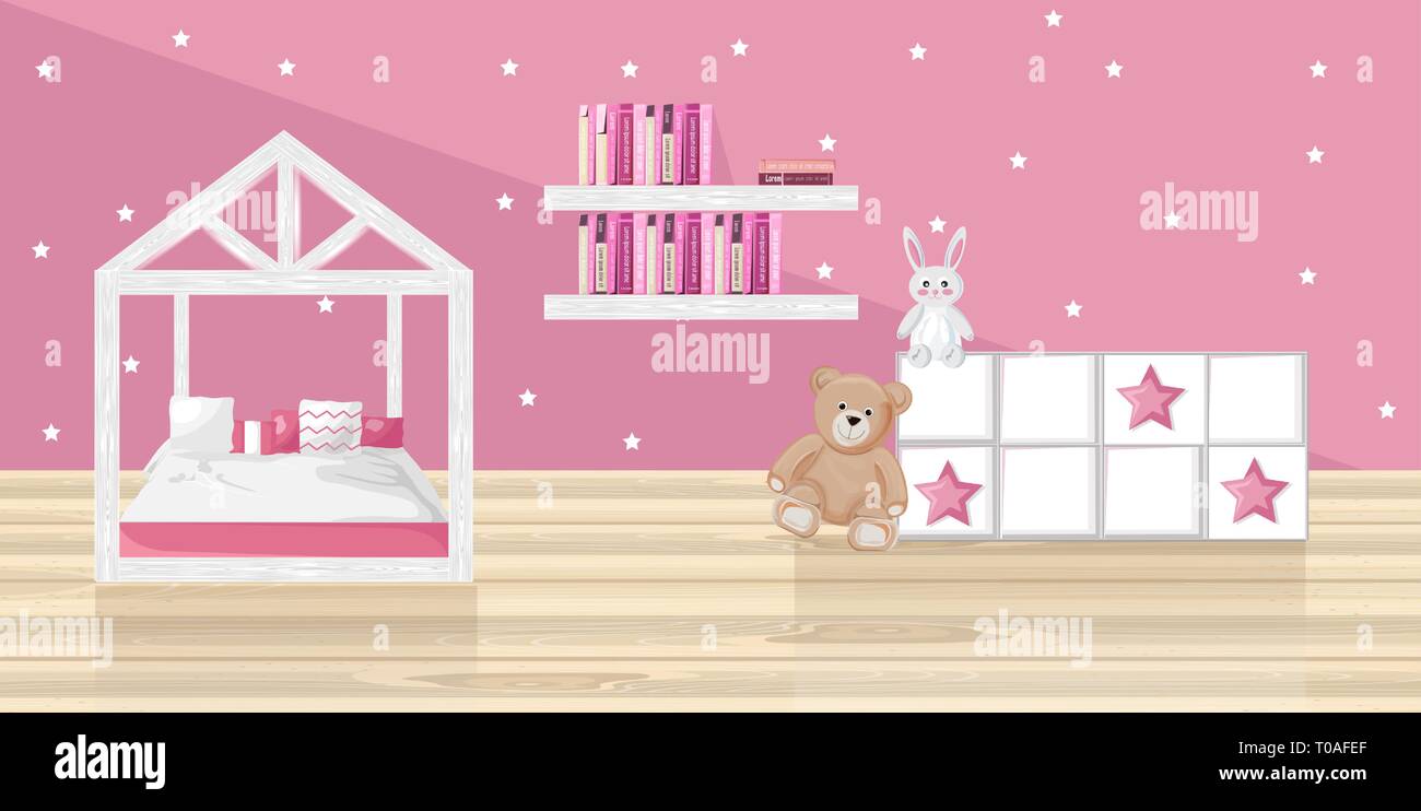 Rosa Mädchen Schlafzimmer Vector Flat Style. Spielzeug und Bücher auf rosa Hintergrund Stock Vektor