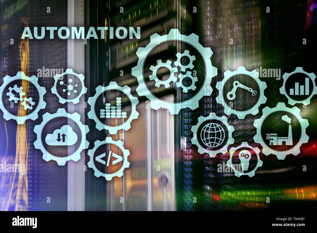 Automatisierung die Produktivität erhöhen. Technologie Prozess auf einem Server zimmer Hintergrund. Stockfoto