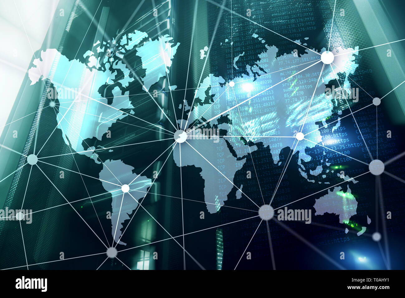 Weltkarte mit Kommunikation Netzwerk auf dem server Raumhintergrund Stockfoto