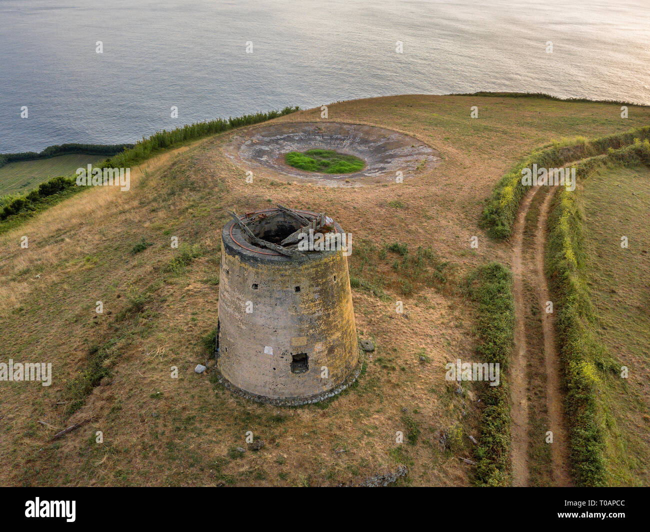 Drone Blick auf typische Azoren landschaft küstengebiete mit Kühen in einem ländlichen Luftaufnahme. Blick aus der Vogelperspektive, Antenne panoramische Sicht. Portugal tscenic Bestimmungen Stockfoto