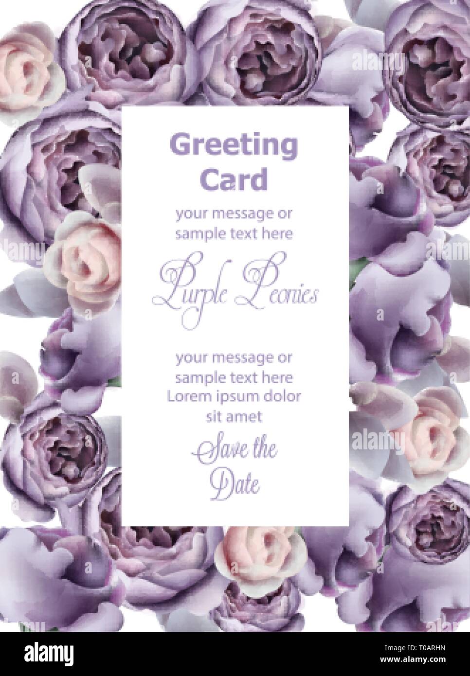 Lila Blüten pfingstrose Karte aquarell Vektor. Romantische Blumenmuster Einladung oder Grußkarte Dekoration. Tag der Frau, Valentinstag, Vertrieb und andere Veranstaltung Stock Vektor