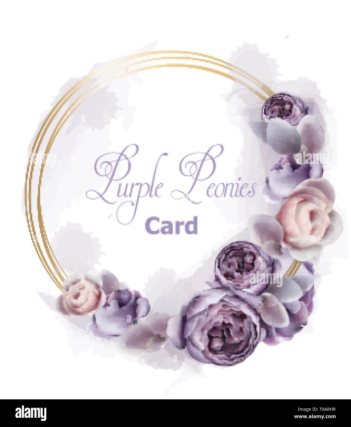 Lila pfingstrose Blumen Kranz Karte aquarell Vektor. Romantische Blumenmuster Einladung oder Grußkarte Dekoration. Tag der Frau, Valentinstag, Vertrieb und andere Stock Vektor