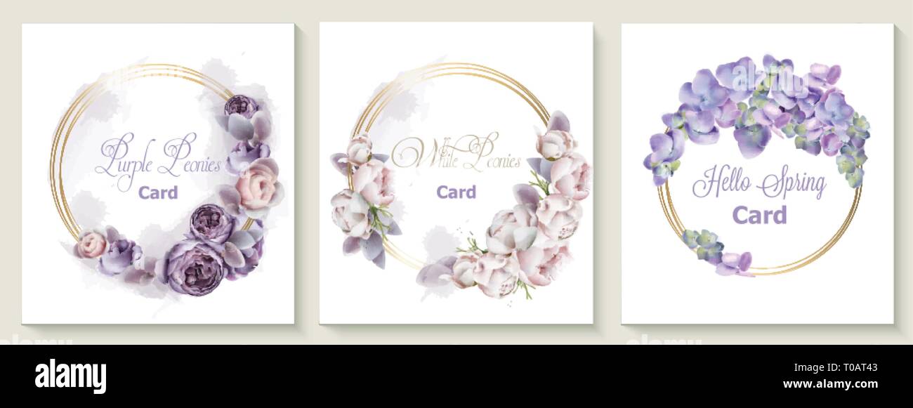 Hochzeit Einladungskarte mit lila Blüten Blüten pfingstrose Vektor Aquarell. Datum speichern Botanik Design für Zeremonie, Kosmetik Broschüre, Beauty Stock Vektor