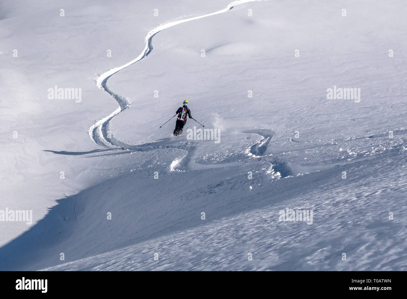 Chamonix, Frankreich - 5. Februar 2019: Eine weibliche freeride Skifahrer absteigend Hang mit frischen Pulverschnee im Vallon de Berard in der Aiguilles Rouges Stockfoto