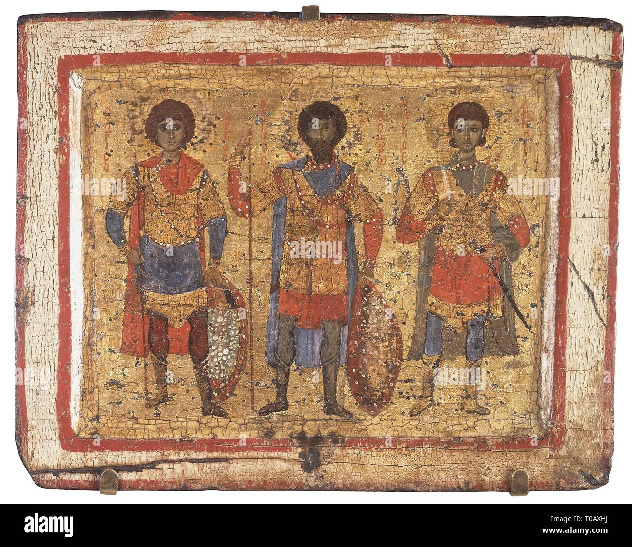 Symbol: heiliger Krieger George, Theodore und Demetrius'. Byzanz, Konstantinopel, Ende 11. bis Anfang des 12. Jahrhunderts. Abmessungen: 28,5 x 36 x2,3 cm. Museum: Staatliche Eremitage, St. Petersburg. Stockfoto