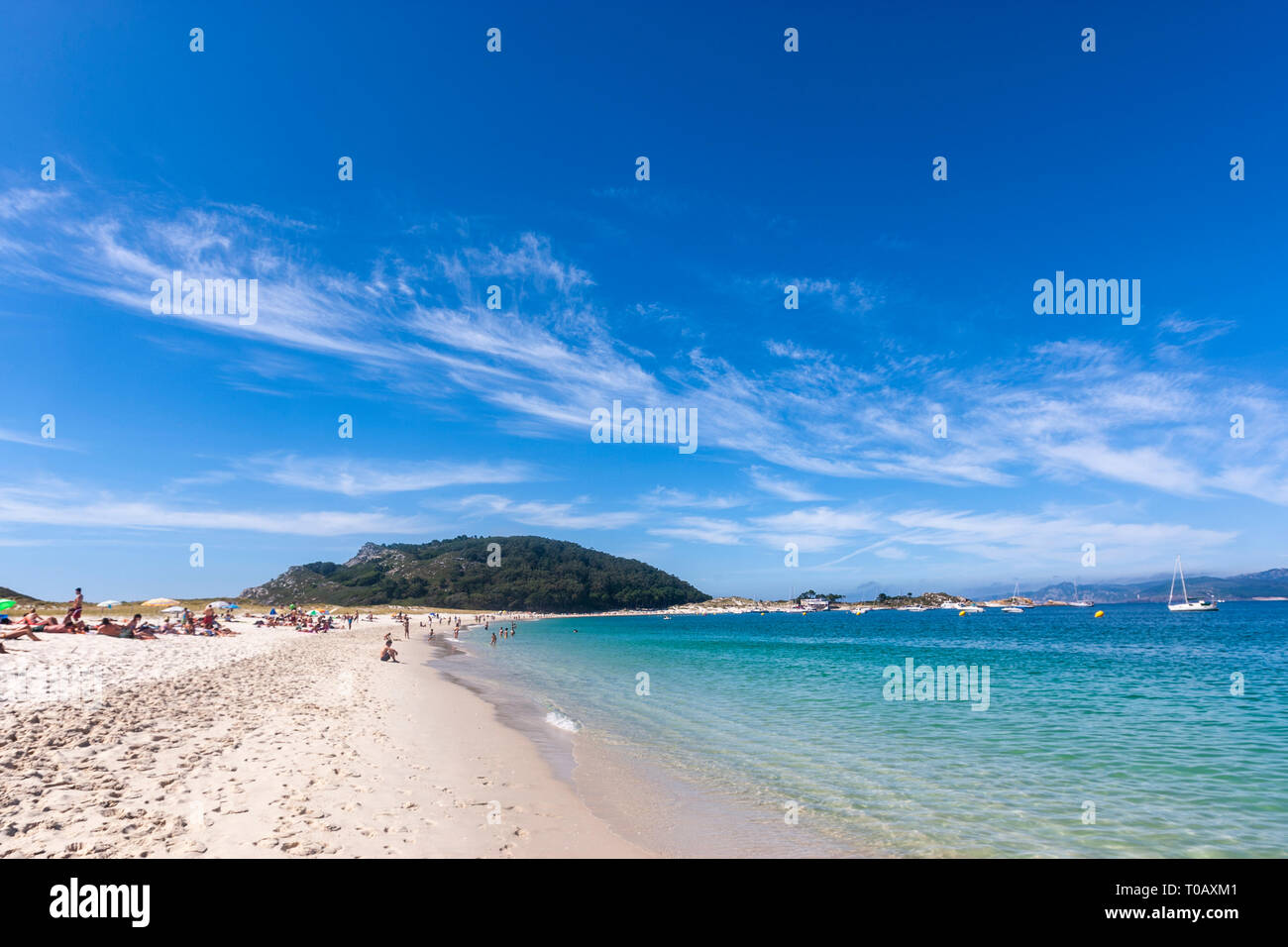 Playa de Rodas, malerischen Crescent mit feinem weißen Sand, türkisfarbenes Wasser unterstützt durch Dünen und Pinien, Cies Inseln, Ria de Vigo, Spanien Stockfoto