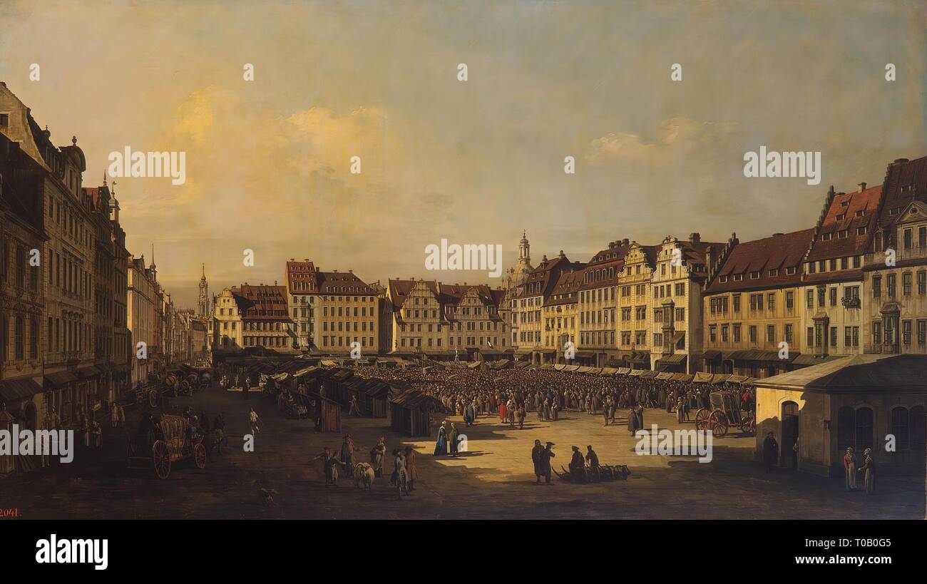 'Alte Market-Place in Dresden (Nachbau des Künstlers)". Serie von 15 Malerei erstellt für Graf Heinrich von Brühl. Italien, 1751-1752. Abmessungen: 133,5 x 236,5 cm. Museum: Staatliche Eremitage, St. Petersburg. Autor: Bernardo Bellotto. BERNARDO BELLOTTO. Stockfoto