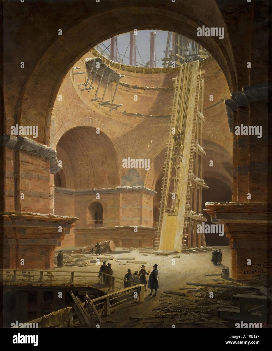 "Die Erhöhung der Spalten nach St. Isaak Kathedrale'. Russland, 1838. Abmessungen: 42,8 x 36 cm. Museum: Staatliche Eremitage, St. Petersburg. Autor: Maxim Vorobyov. Maxim Nikiphorovich Vorobyev. Stockfoto
