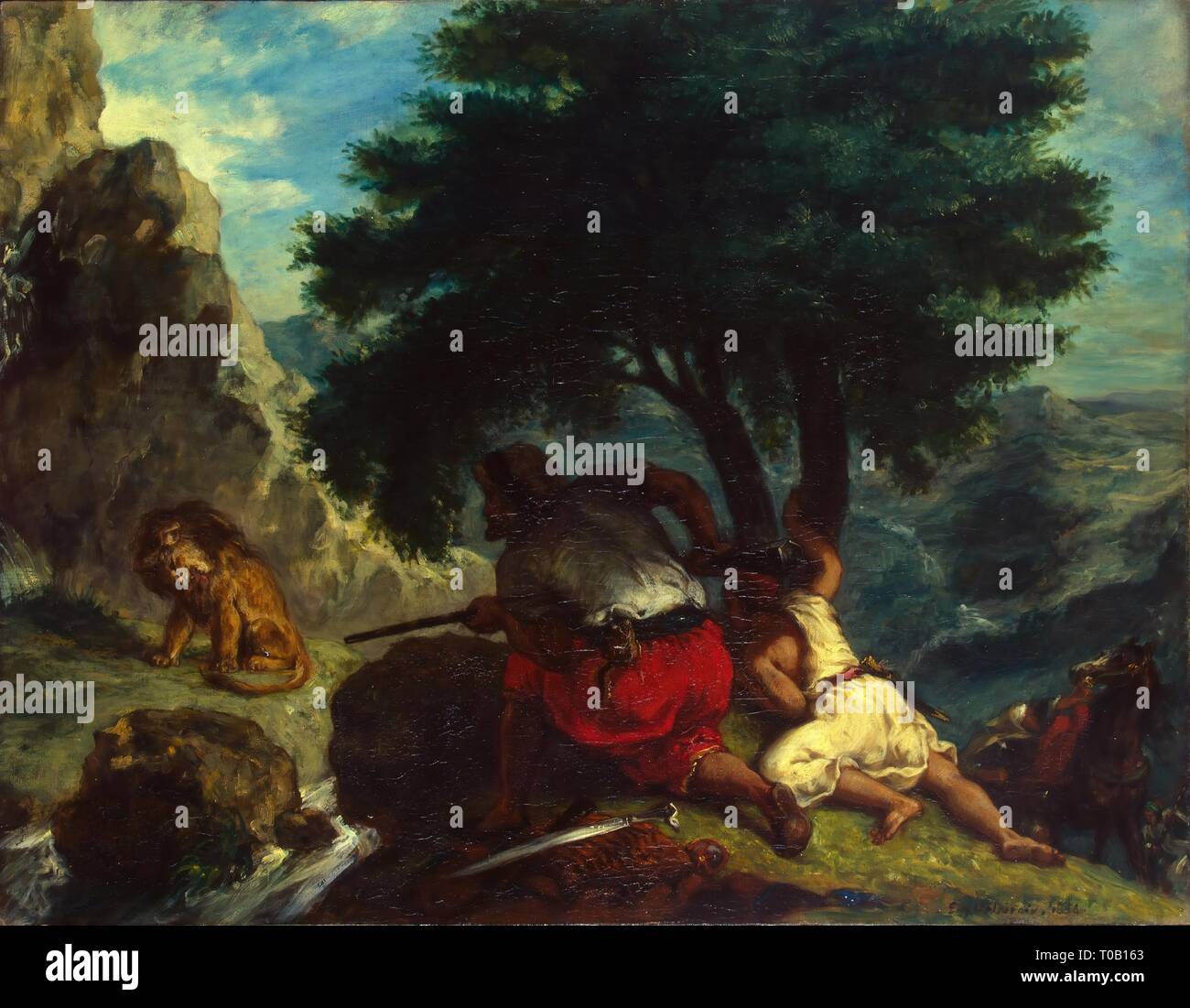 "Löwenjagd in Marokko". Frankreich, 1854. Abmessungen: 74 x 92 cm. Museum: Staatliche Eremitage, St. Petersburg. Autor: Eugene Delacroix. EUGENE DELACROIX. Stockfoto