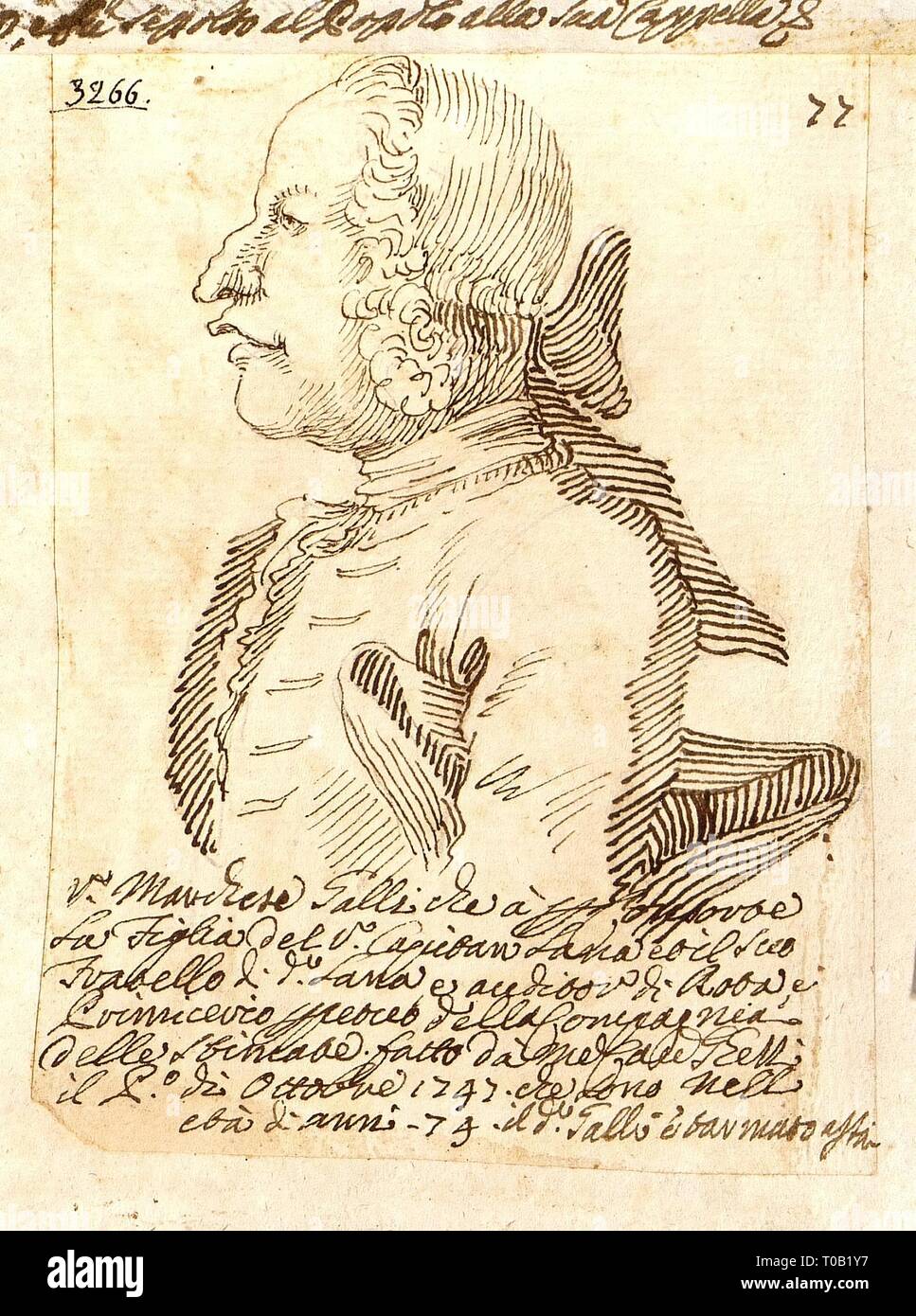 "Karikatur Kopf von einem Mann in einer Perücke'. Italien, 1747. Abmessungen: 11,9 x 9 cm. Museum: Staatliche Eremitage, St. Petersburg. Thema: PIER LEONE GHEZZI. Stockfoto