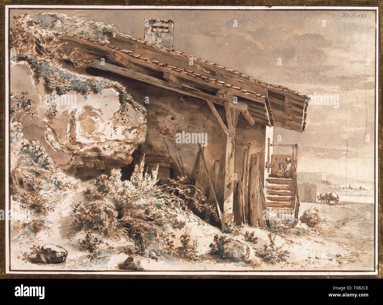 "Hütte am Ufer eines Flusses". Frankreich, 1763. Abmessungen: 17,8 x 24,9 cm. Museum: Staatliche Eremitage, St. Petersburg. Autor: Jean Jacques de Boissieu. Stockfoto