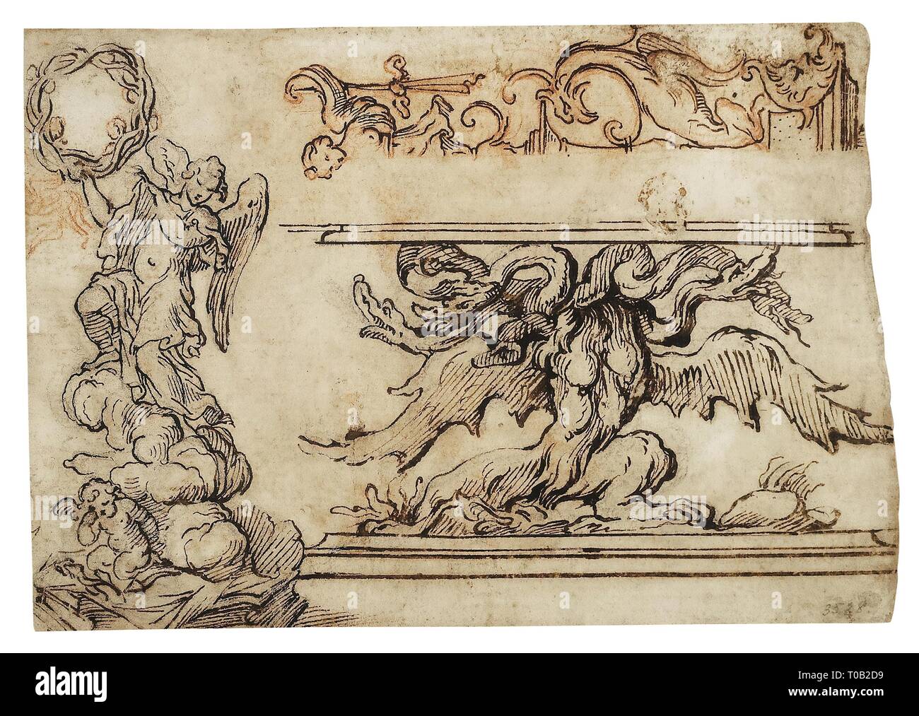 'Album: Engel mit einer Dornenkrone, Tabelle erscheinen wie ein Many-Headed Hydra und eine Groteske.". Frankreich, 1692-1699. Abmessungen: 13,3 x 19,2 cm. Museum: Staatliche Eremitage, St. Petersburg. Autor: Gilles-Marie Oppenort. Stockfoto