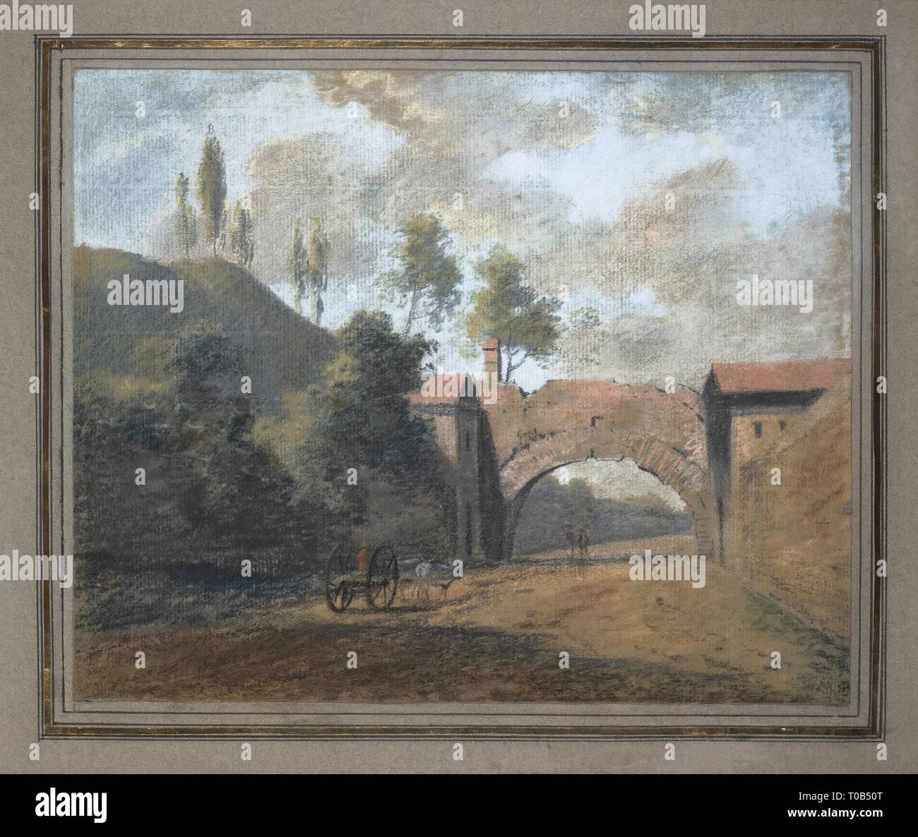 'Landschaft mit einem Bogen". Flandern, erste Hälfte des 18. Jahrhunderts. Abmessungen: 20,7 x 32 cm. Museum: Staatliche Eremitage, St. Petersburg. Autor: THEOBALD MICHAU. Stockfoto