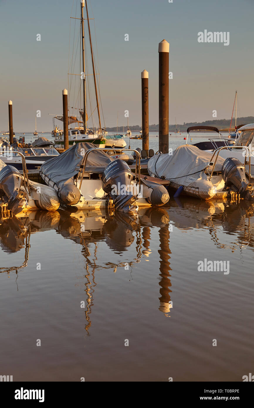 Angelegte Boote in der Abendsonne, an Pontons im Hafen von Brunswick, an der Mündung des Flusses Exe, in der Nähe von Exeter, Devon, Großbritannien. Stockfoto