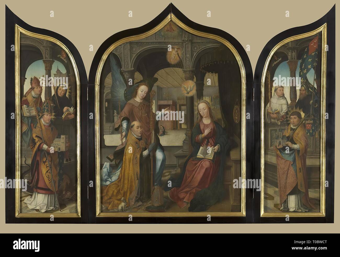 "Die Verkündigung (Triptychon)". Niederlande, 1516. Abmessungen: 102,5 x 32 xm (links); 180 x 179,5 xm (Mitte); 103 x 33 xm (rechts). Museum: Staatliche Eremitage, St. Petersburg. Autor: Jean Bellegambe. Stockfoto
