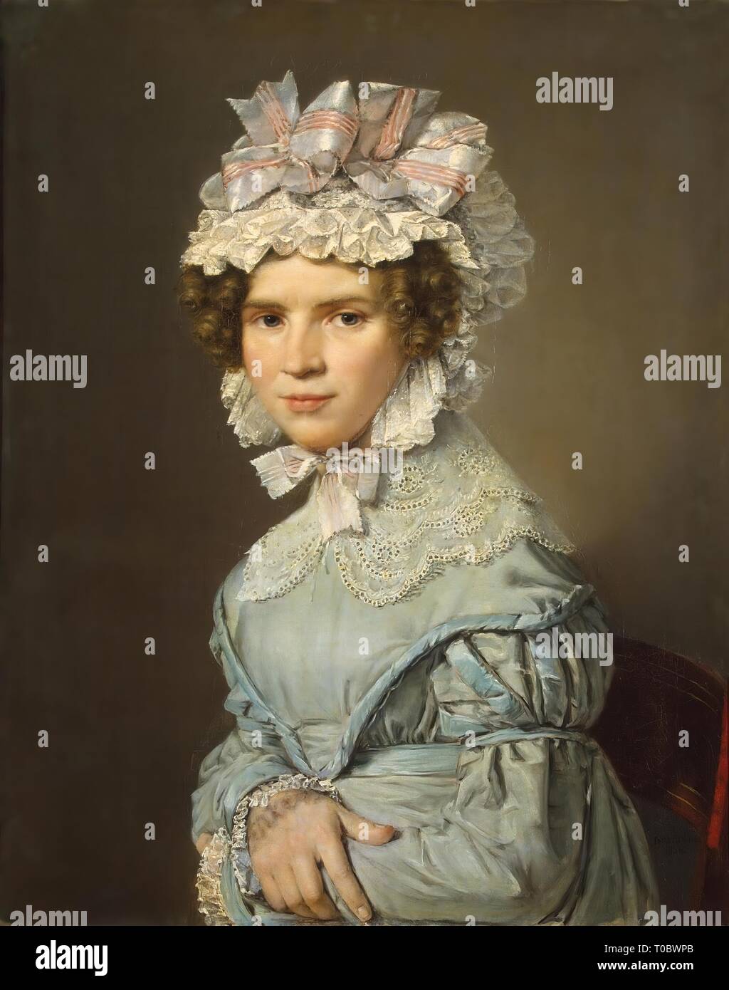 "Porträt einer Dame im blauen Kleid". Dänemark, 1824. Abmessungen: 64 x 52 cm. Museum: Staatliche Eremitage, St. Petersburg. Autor: Christian Albrecht Jensen. Stockfoto