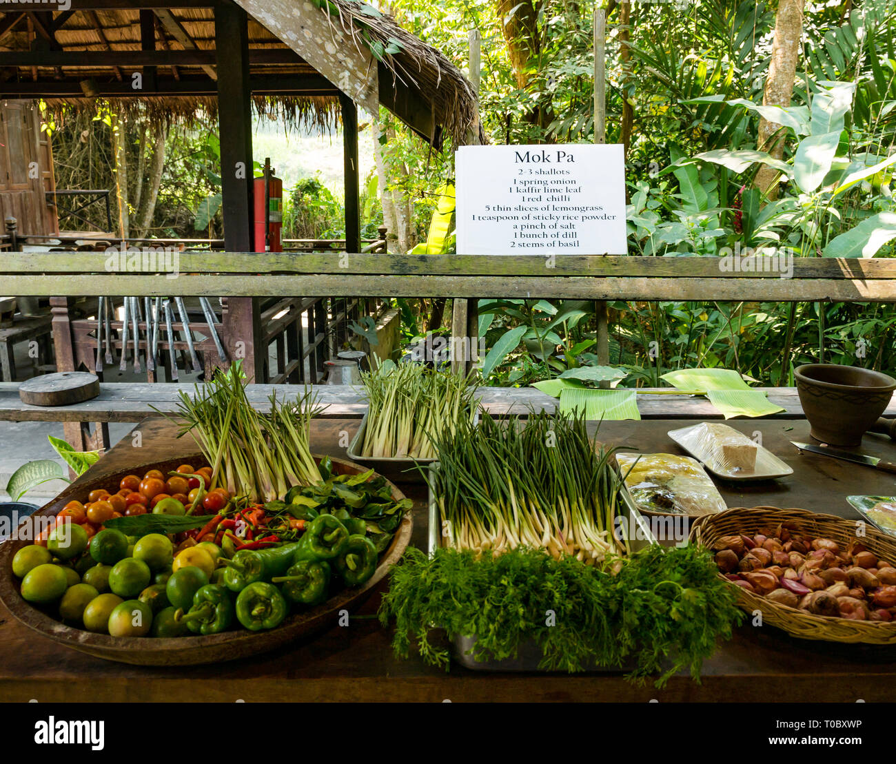 Frische Zutaten und Rezept für Mok Pa gedünsteter Fisch SE asiatischen Lao kochen, Tamarind Kochschule, Luang Prabang, Laos Stockfoto