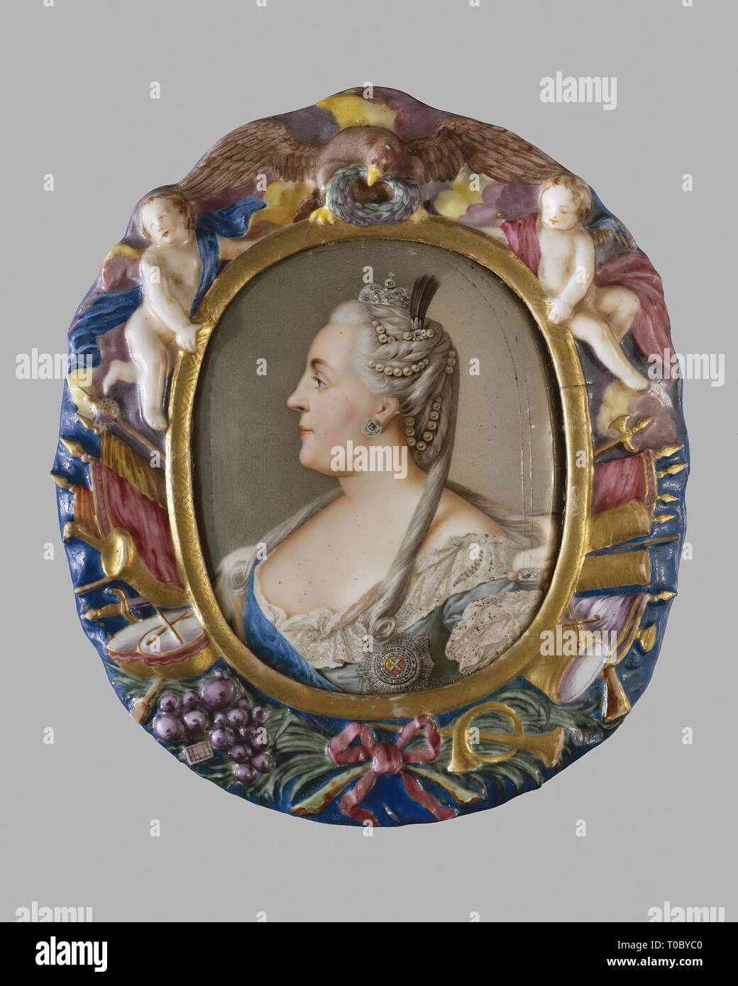 "Portrait von Katharina II. durch die Malerei von Rokotov, F.S. 1763. Russland, St. Petersburg, 1765. Maße: 8,7x7,1 cm (oval); 14,1 x 12 cm (Rahmen). Museum: Staatliche Eremitage, St. Petersburg. Autor: Andrey Cherny. Stockfoto