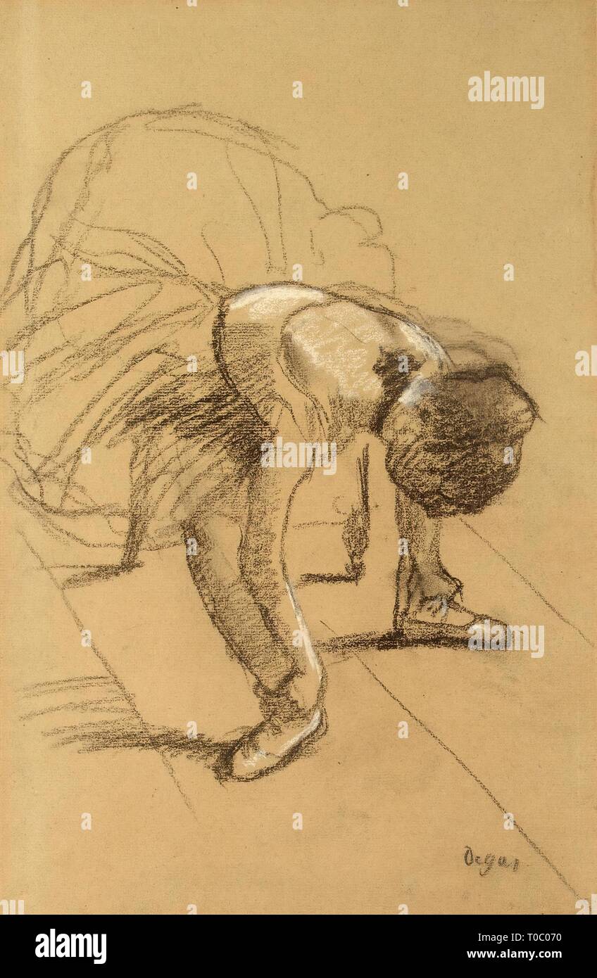 Die Eated Tänzerin ihre Schuhe" Adiusting. Frankreich, ca. 1875/1876. Abmessungen: 47,3 x 30,5 cm. Museum: Staatliche Eremitage, St. Petersburg. Autor: Edgar Degas. Stockfoto