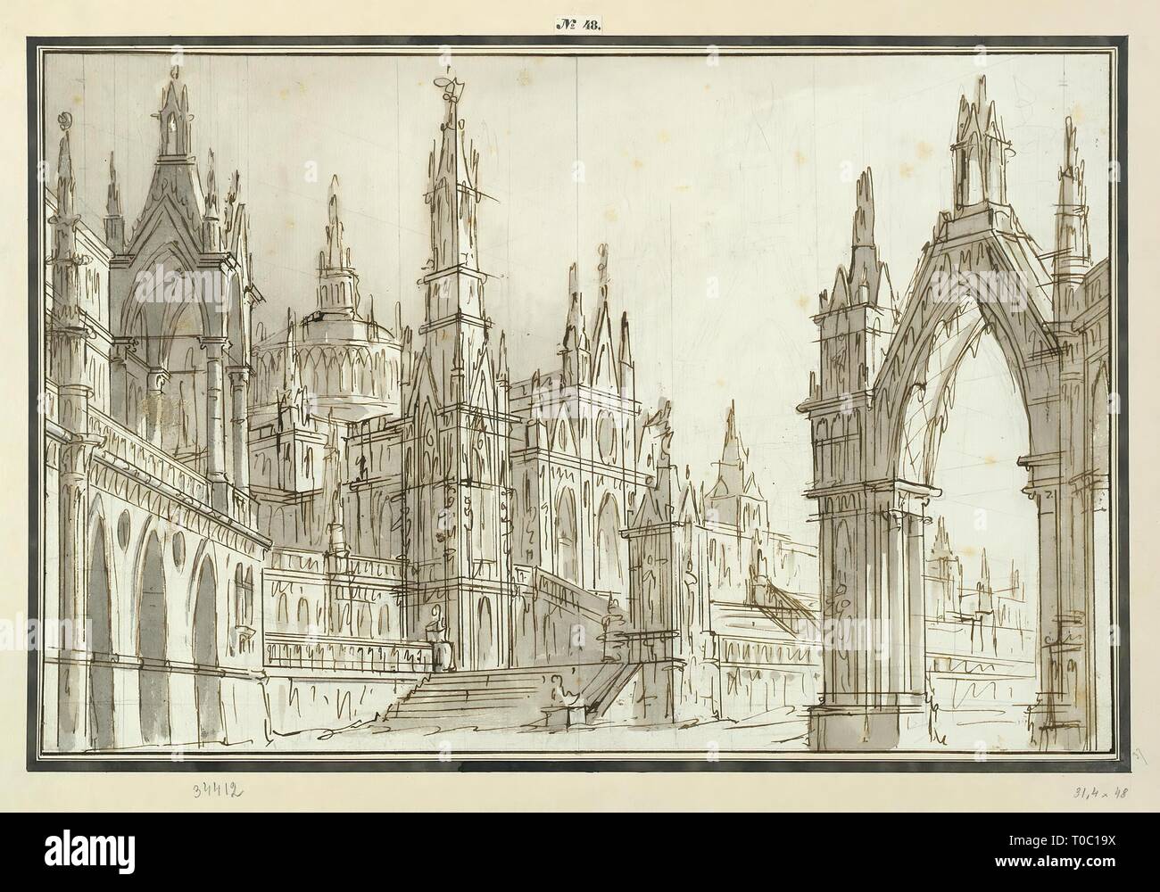 "Architektonische Phantasie im gotischen Stil'. Italy-Russia, 18. Abmessungen: 31,5 x 48 cm. Museum: Staatliche Eremitage, St. Petersburg. Autor: PIETRO DI GOTTARDO GONZAGA. Stockfoto