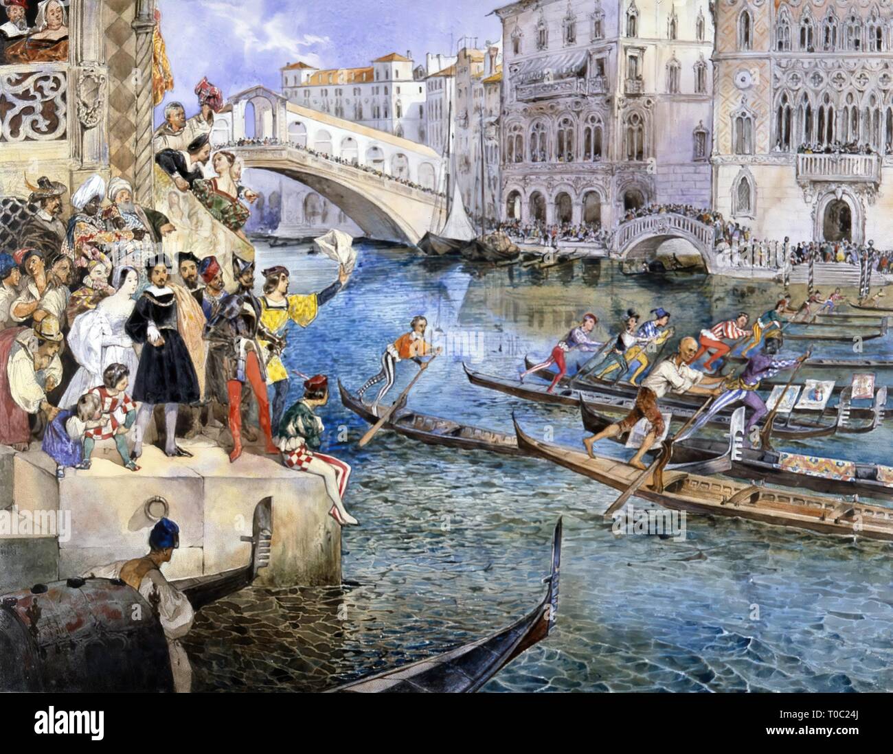 "Gondel Rennen auf dem Kanal in Venedig'. Russland, 1830. Abmessungen: 24,4 x 31,2 cm. Museum: Staatliche Eremitage, St. Petersburg. Autor: Grigory Gagarin. Stockfoto