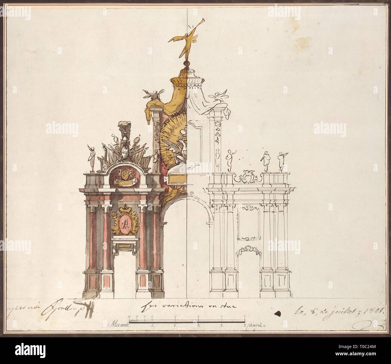 'Design Der Siegeszug der roten Tor in Moskau anlässlich der Krönung von Alexander I". Serie "Triumphbogen zum Gedenken an die Krönungszeremonie'. Italy-Russia, 1801. Abmessungen: 36 x 41,5 cm. Museum: Staatliche Eremitage, St. Petersburg. Autor: PIETRO DI GOTTARDO GONZAGA. Stockfoto