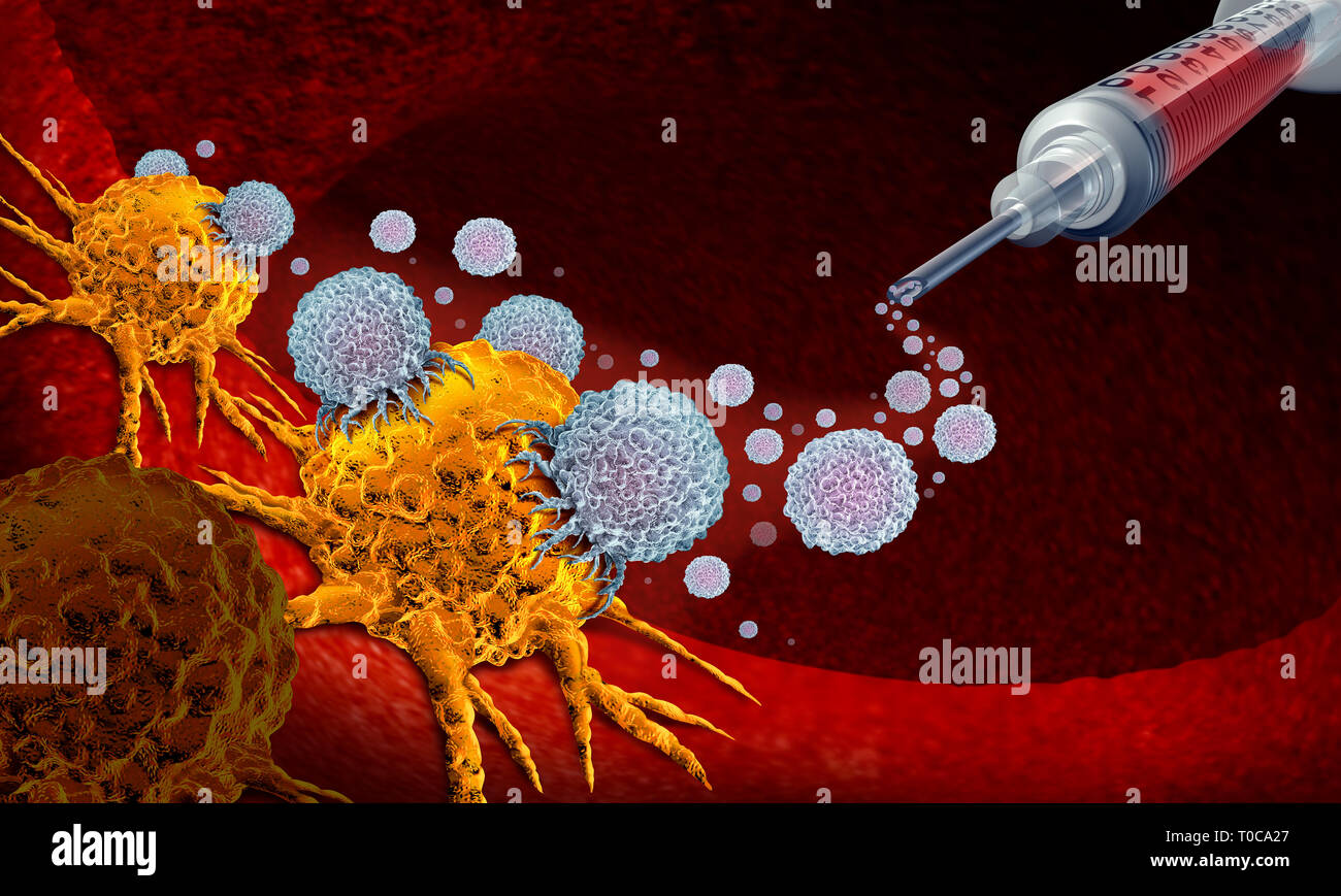 Impfstoff für Krebs in der Onkologie Behandlung Konzept mit Immuntherapie mit mit Zellen aus dem menschlichen Körper als 3D-Darstellung. Stockfoto