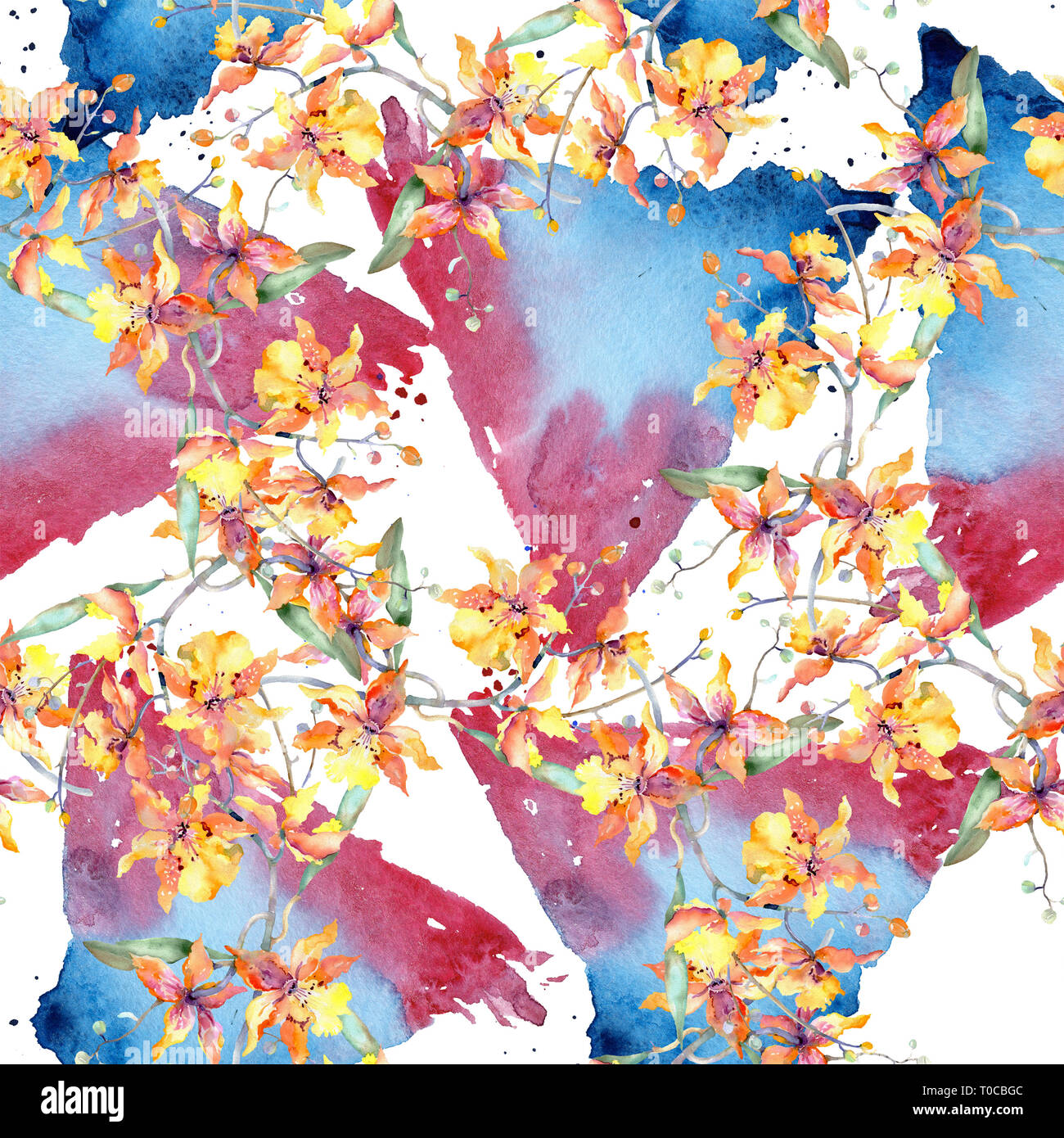 Zweig der gelbe Orchidee. Florale botanischen Blumen. Aquarell Hintergrund Abbildung. Nahtlose Muster. Stockfoto