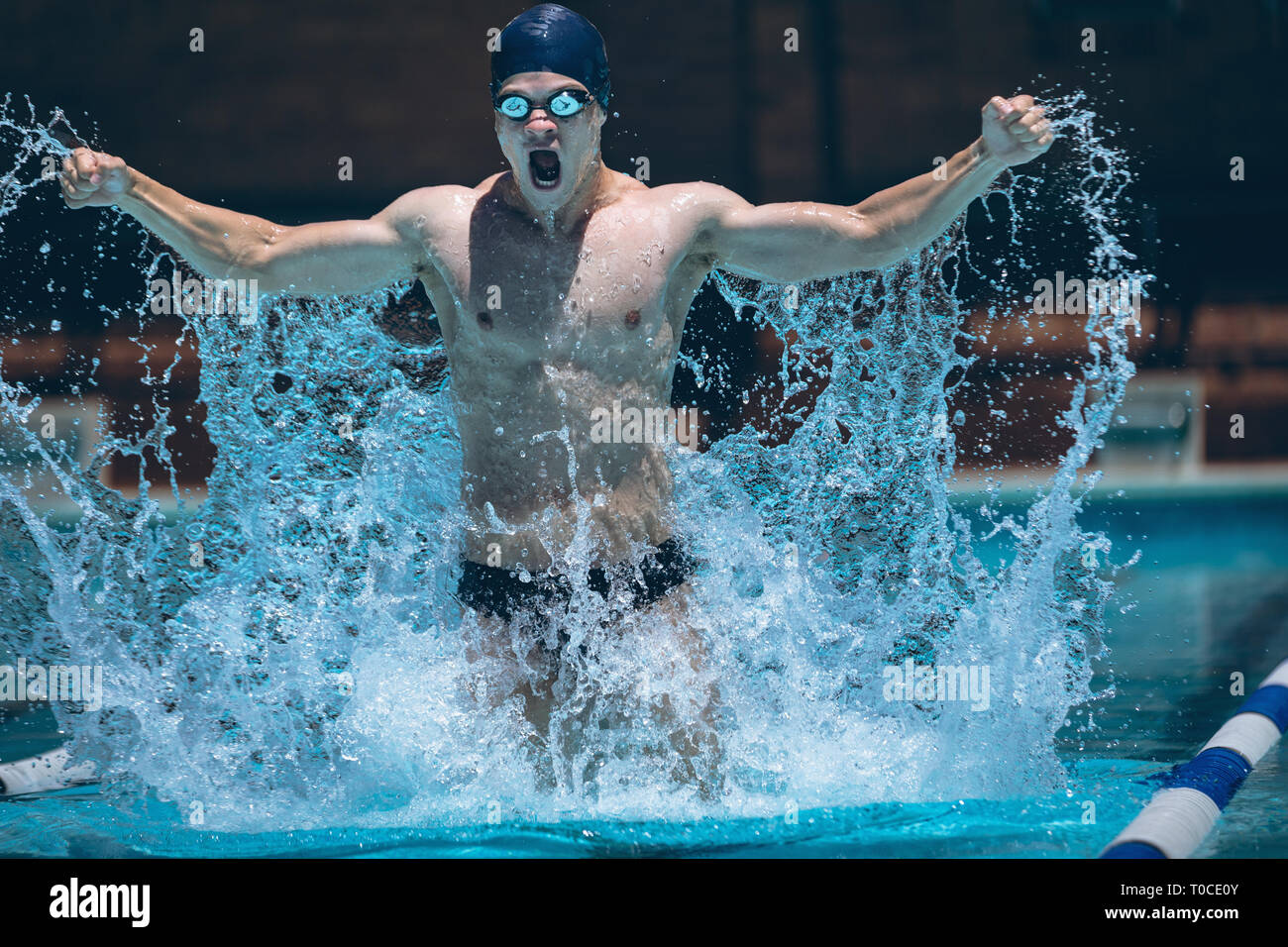 Junge Schwimmer mit Arme ausgestreckt feiern Sieg im Pool Stockfoto