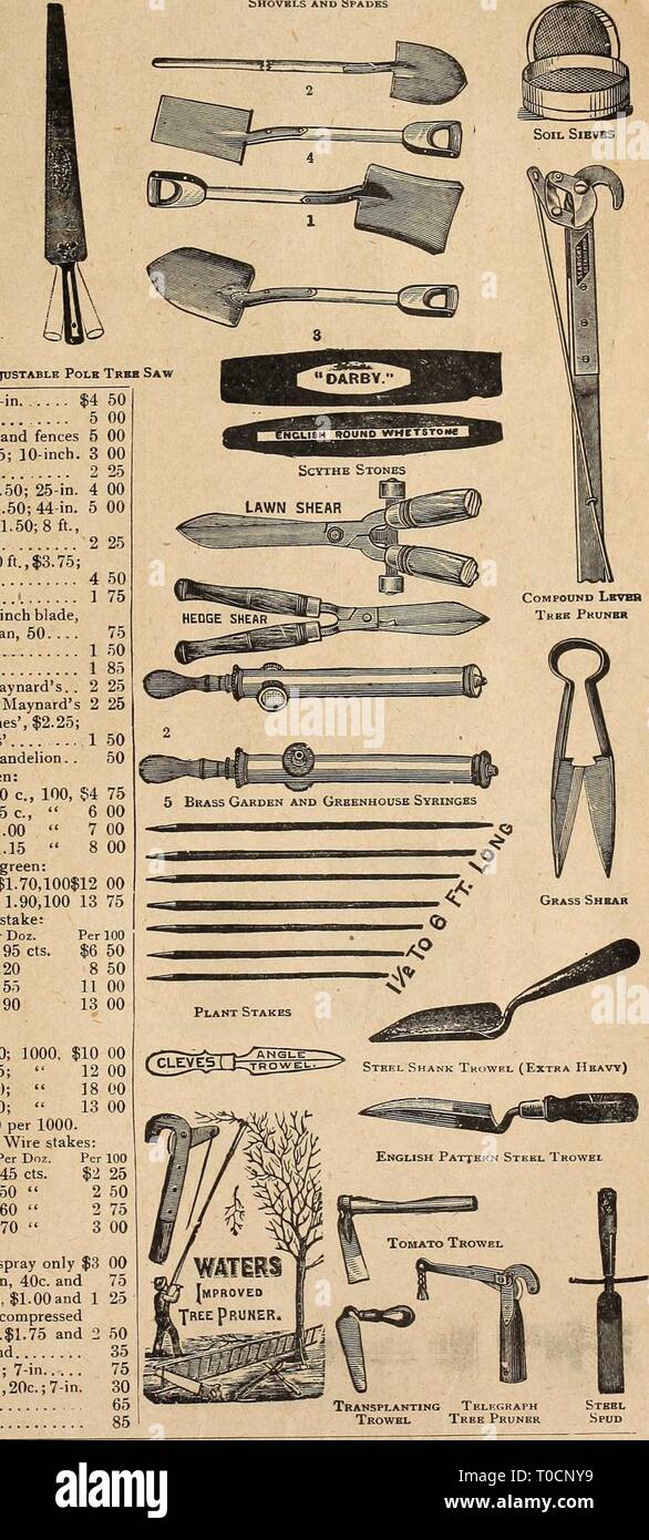 Dreer's Garten Buch 1920 (1920) Dreer's Garten Buch 1920 dreersgardenbook 1920 henr 0 Jahr: 1920 Schaufeln und Spaten stutzend Sheas Grenze Schere (* Einstellbare Polk Baum sah Scheren. Gras Grenze, 8 in. Blade, $ 4,00; 10-in mit Rädern, 8 in. Blade, $ 4,50; 10-in-5 Rasen, 2 Räder, 9-in. Blade; für unter Bäume und Zäune 5 Hecken, Englisch, 8-Zoll. $ 2,50; 9 Zoll, $ 2,75; 10-Zoll. 3 Ladies' Garten oder Hedge, 5 J in. Blade 2 Stutzend Scherer, 20 in., $ 1,50; 23-in., $ 3,50; 25-in. 4 Englisch, 27 in., $ 3,50; 31-in., $ 4,00; 38-in., $ 4,50; 44-in. 5 Baum - Beschneiden, Wasser, 4 ft., $ 1,35; 6 ft., $ 1,50; 8 ft., $ 1,75; 10 ft Stockfoto