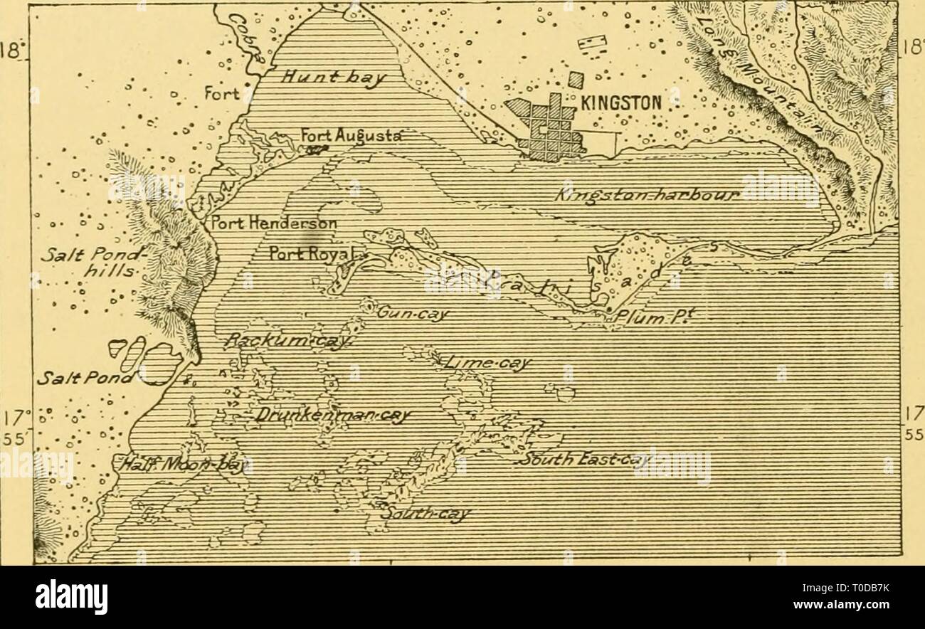 Die Erde und ihre Bewohner der Erde und ihrer Bewohner.. earthitsinhabita 291 recl Jahr: 1891 392, Mexiko, Mittelamerika, West Indies. whicli sie berechtigt waren, und witli gemeinsamen Justiz wurde behandelt von den lokalen Tribu-Nals. Obwohl auf eine unbedeutende Minderheit verringert, die weissen Pflanzer noch behaupten absolute politische Kontrolle über die schwarze Bevölkerung, die Sie früher in Knechtschaft gehalten. Topographie. Kingston, der Hauptstadt von Jamaika, liegt an der Südküste, wo er durch einen großen Einlass vom Meer durch eine lange Landzunge aus Sand getrennt eingerückt ist. Die niedrigen Häuser, staubige Straßen und toten Wände ar Stockfoto