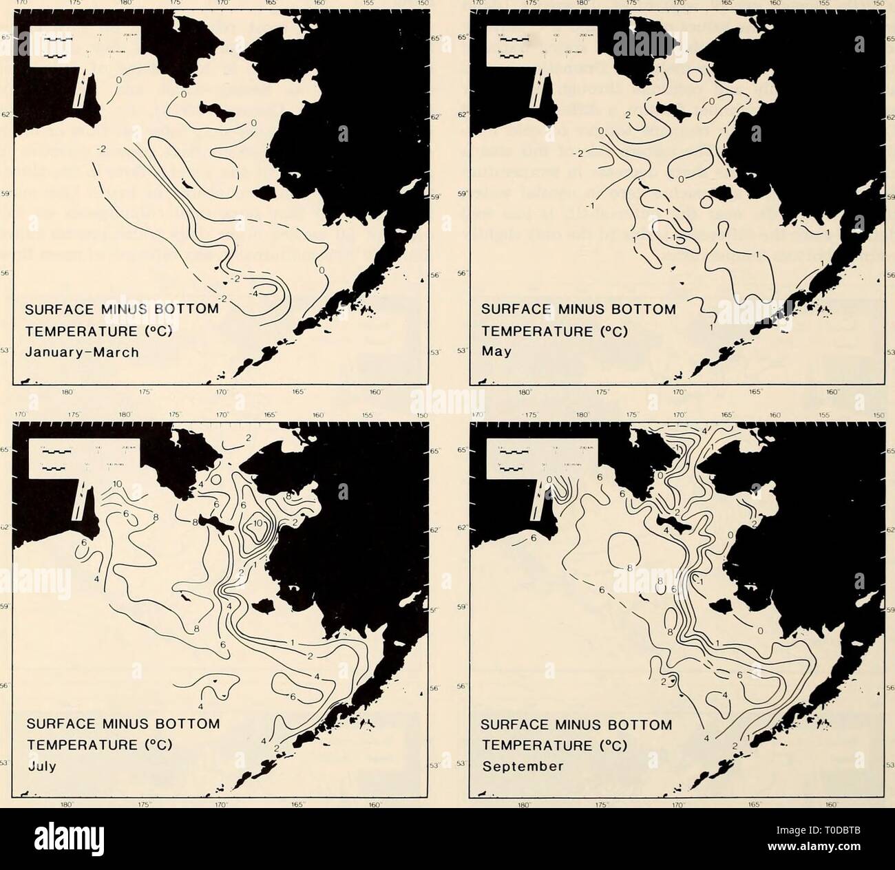 Die östliche Beringmeer Regal der Östlichen Beringmeer Regal: Ozeanographie und Ressourcen/von Donald W. Haube und John A. Calder easternberings 00 Haube Jahr bearbeitet: 1981 464 Fischerei Meereskunde 55 150 Abbildung 29-8. Langfristige mittlere Fläche minus unten Temperaturen (C) für Januar bis März, Mai, Juli und September. wird wahrscheinlich am besten etwa eine Magni-tude kleiner als der Höchstwert des momentanen Durchfluss. Eine NWAFC Gezeiten Modell Studie (Hastings 1975) erklärte, dass die Auflösungen von Flow weitgehend sind NE/SW im Inneren Bristol Bay, zwischen Nunivak und St. Mat-thew Inseln, zwischen St. Stockfoto