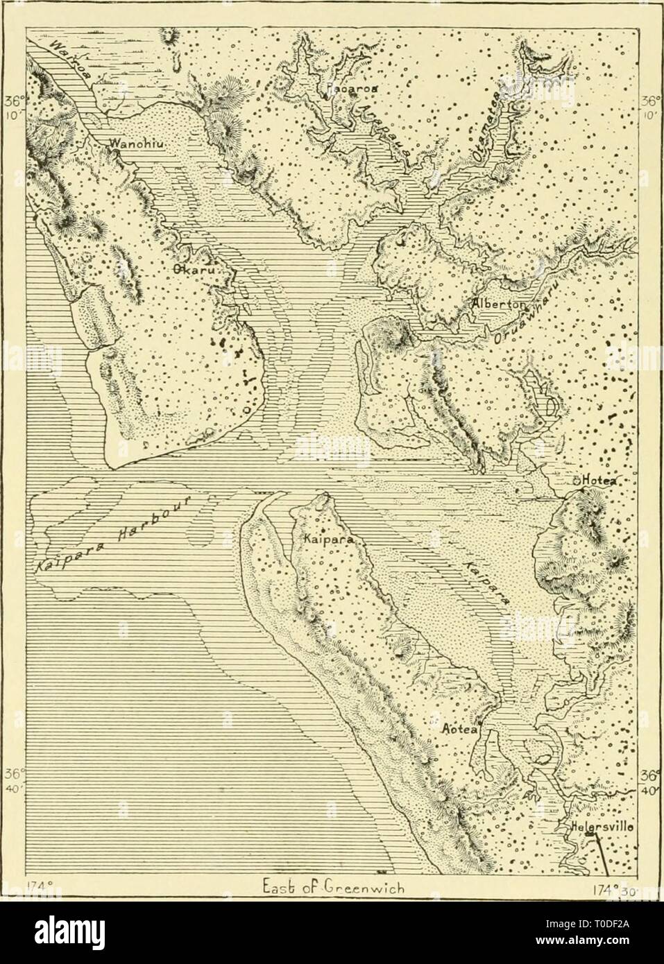Die Erde und ihre Bewohner der Erde und ihrer Bewohner.. earthitsinhabita 00 recl Jahr: 1890 450 AUSTRALASIEN. zur Navigation. Dank dieser maritimen Vorteile, die Dichte der Bevölkerung in der Umgebung des Hotels, und die Fruchtbarkeit des Bodens, Auckland übertrifft alle anderen Neuseeland Seehäfen in der gewerblichen Tätigkeit; es genießt ein Monopol der Aussenhandel kauri Holz und die wertvollen Gummi des Baumes. Von mehreren kleinen erloschenen Vulkanen umgeben, Auckland ist das Zentrum einer der interessantesten Regionen Abb. 194.- Kaipaea. Maßstab 1:580.000 Tiefen. mm "^^Sands e Stockfoto