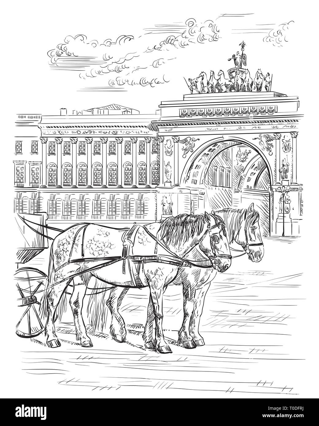 Blick auf zwei Pferde und Kutschen, der Triumphbogen auf dem Schlossplatz in Sankt Petersburg, Russland. Wahrzeichen von St. Petersburg. Isolierte Vektor hand Stock Vektor