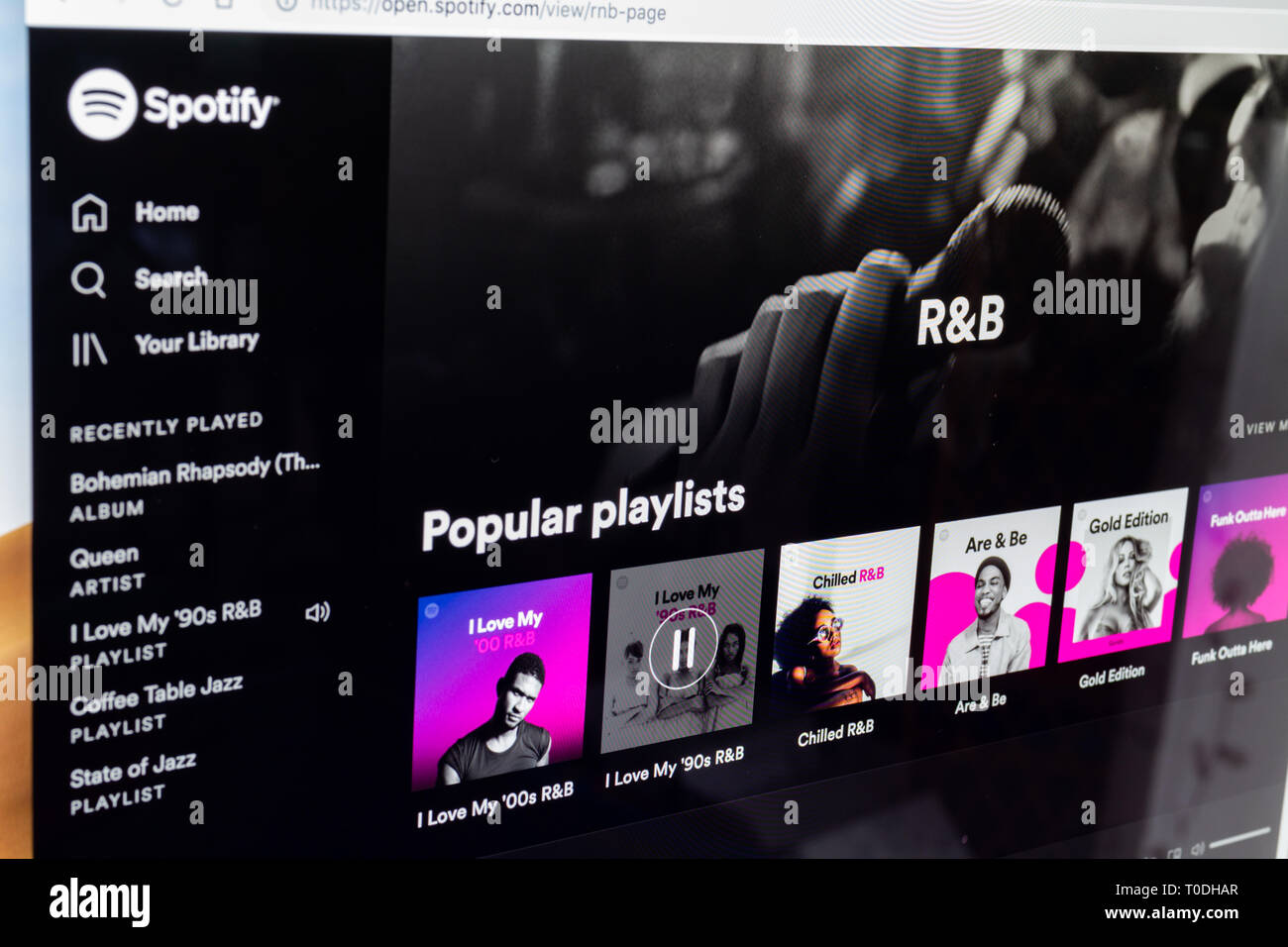 Spotify r&b beliebte Playlisten Seite in Desktop Browser auf dem Computer Stockfoto