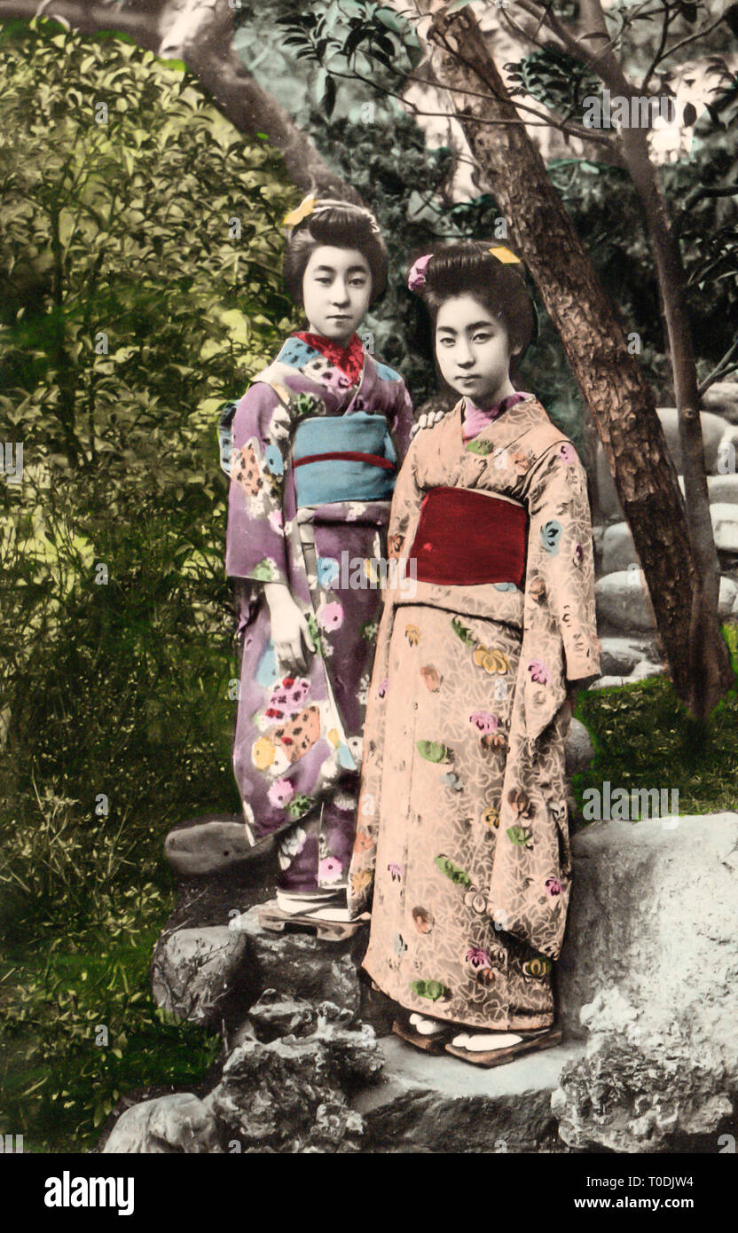 Vintage japanischen Bild der Mädchen in den Garten Stockfoto