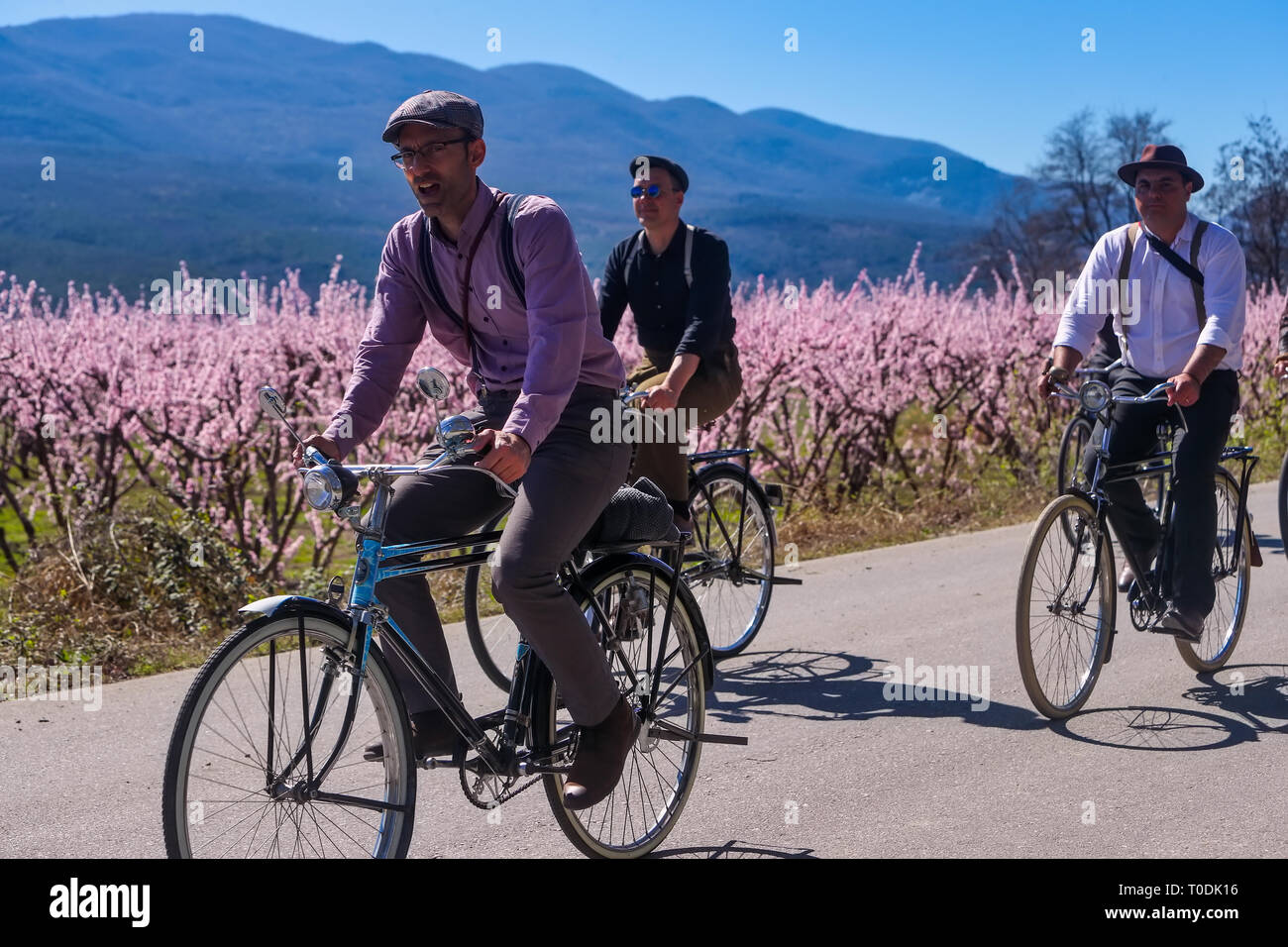 Veria, Griechenland - 17. März 2019: Radfahren auf den blühenden Pfirsichbäumen im Veria Normales, zum dritten Mal organisiert von der Veria Touristic Club. Natu Stockfoto